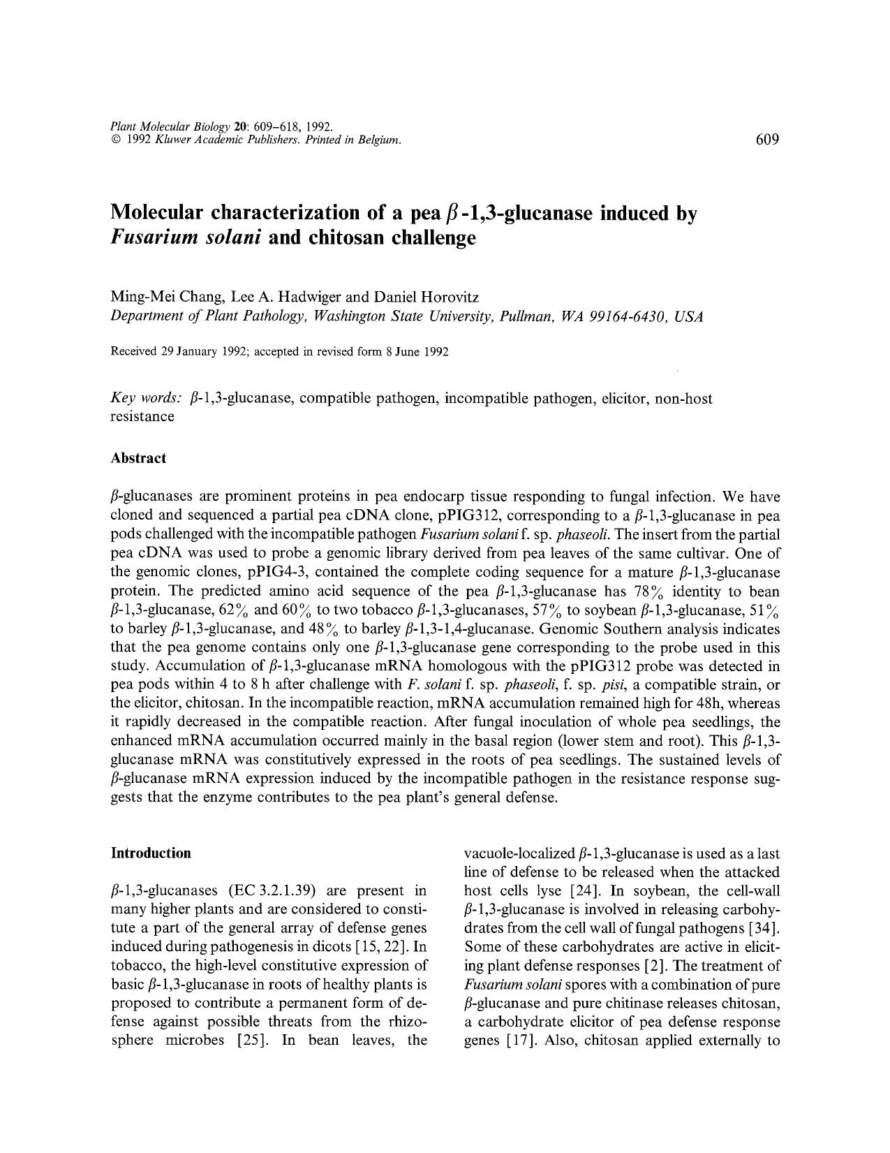 Molecular characterization of a pea &#x03B2;-1,3-glucanase induced by <Emphasis Type="Italic">Fusarium solani <Emphasis> and chitosan challenge by Unknown