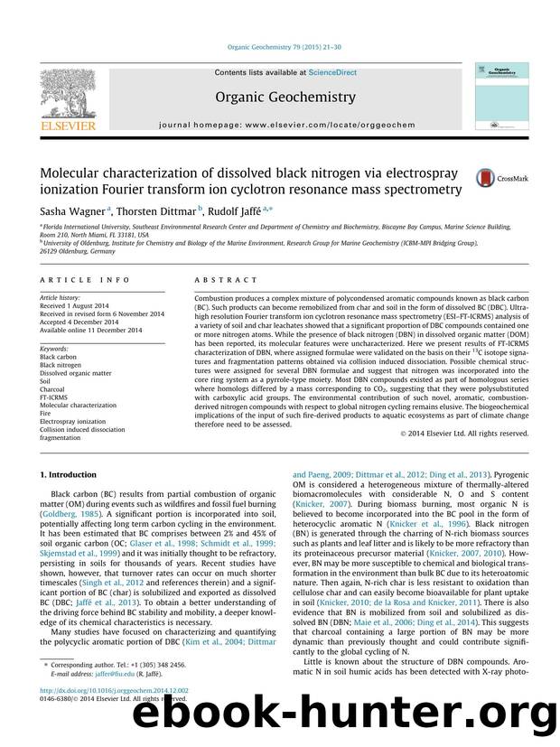 Molecular characterization of dissolved black nitrogen via electrospray ionization Fourier transform ion cyclotron resonance mass spectrometry by Sasha Wagner & Thorsten Dittmar & Rudolf Jaffé