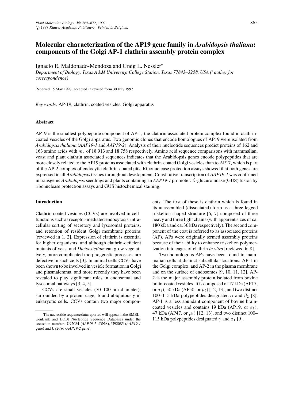 Molecular characterization of the AP19 gene family in Arabidopsis thaliana: components of the Golgi AP-1 clathrin assembly protein complex by Unknown