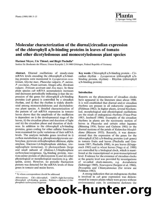 Molecular characterization of the diurnalcircadian expression of the chlorophyll ab-binding proteins in leaves of tomato and other dicotyledonous and monocotyledonous plant species by Unknown