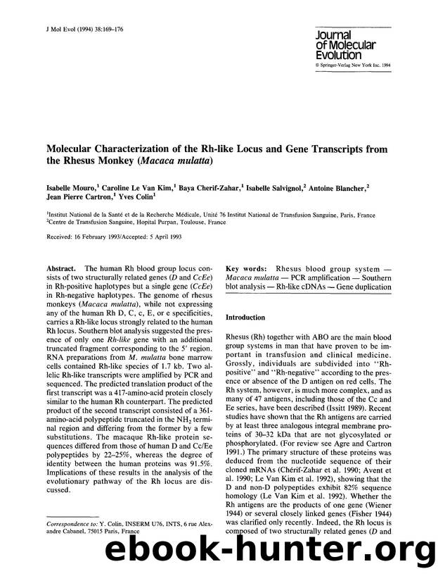 Molecular characterization of the rh-like locus and gene transcripts from the rhesus monkey ( <Emphasis Type="Italic">Macaca mulatta <Emphasis>) by Unknown