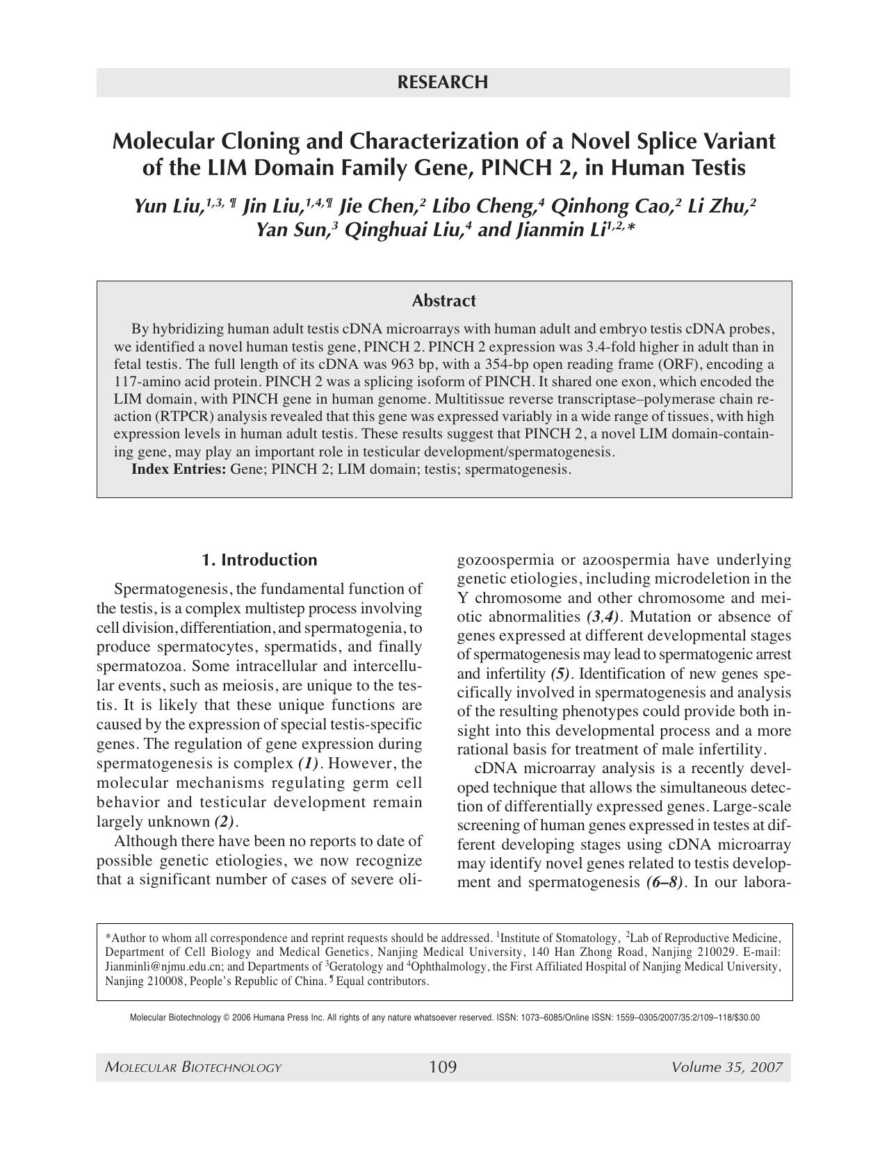 Molecular cloning and characterization of a novel splice variant of the LIM domain family gene, PINCH 2, in human testis by Unknown