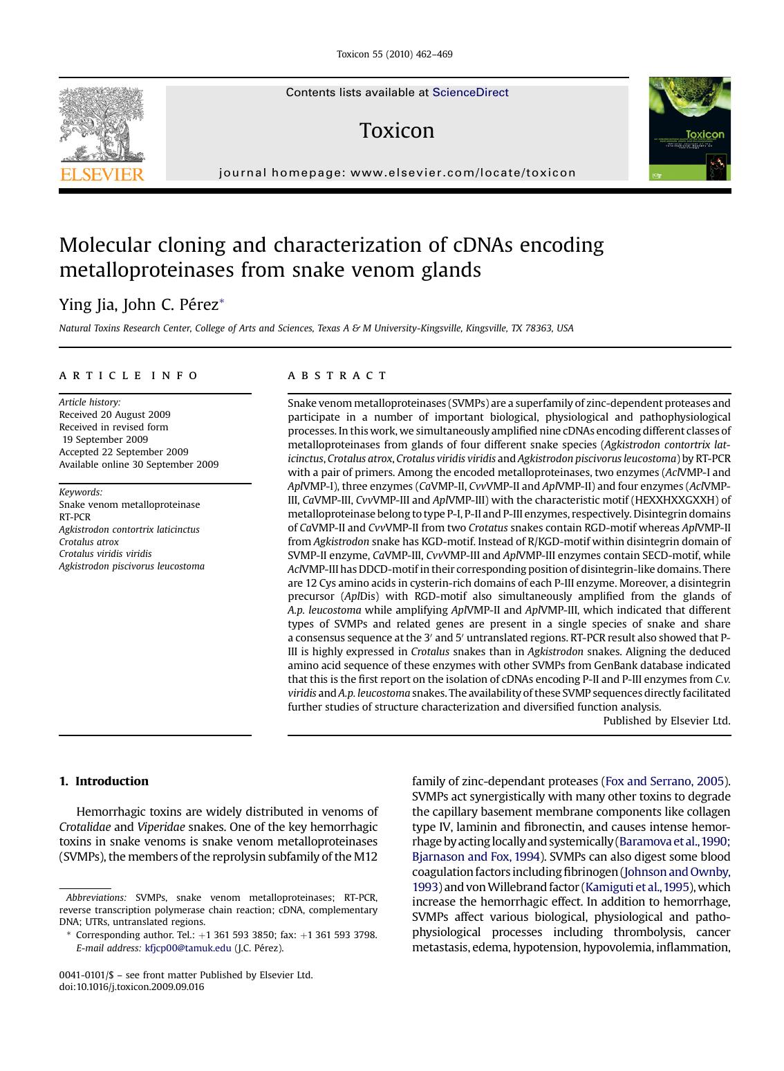 Molecular cloning and characterization of cDNAs encoding metalloproteinases from snake venom glands by Ying Jia; John C. PErez