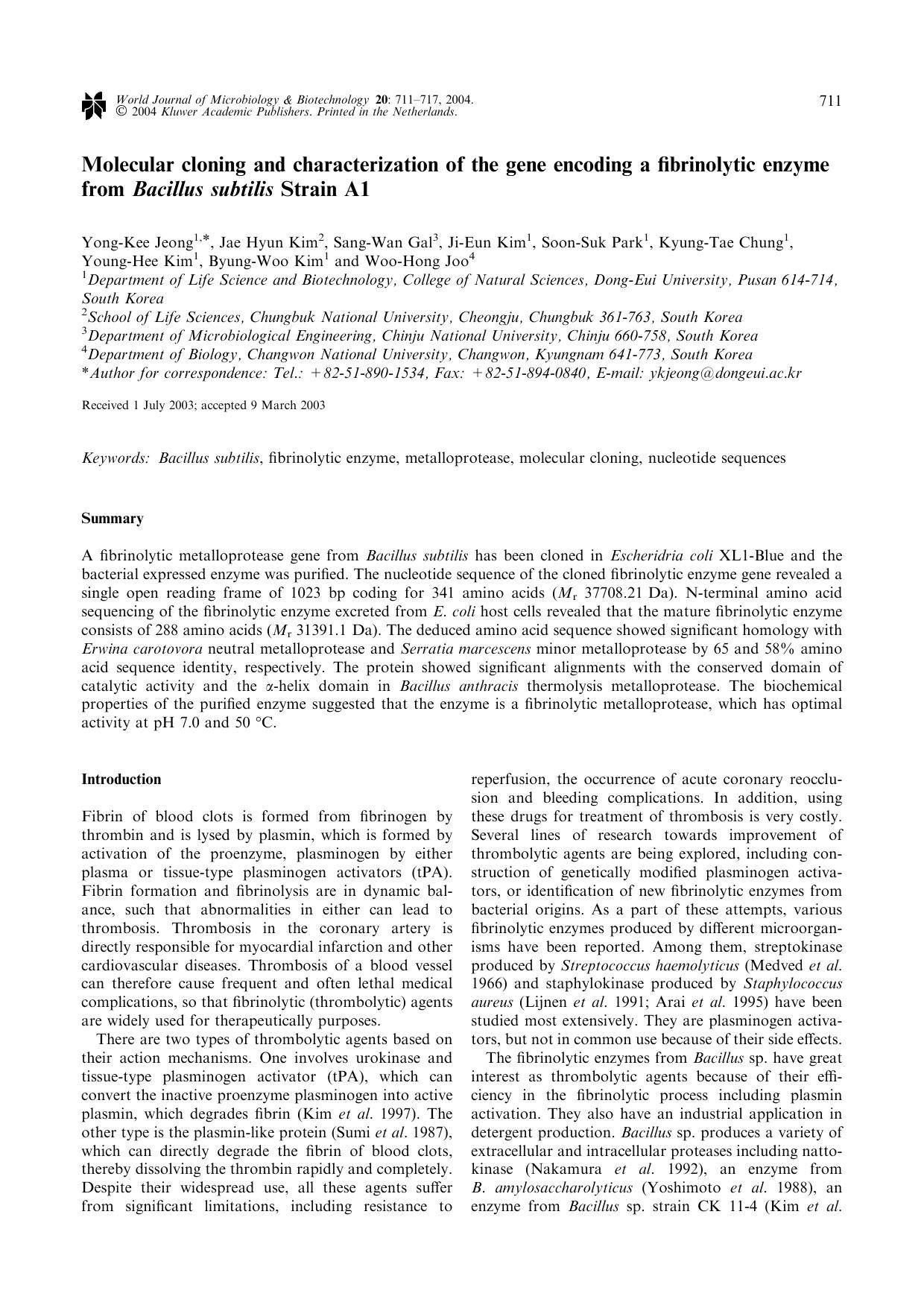 Molecular cloning and characterization of the gene encoding a fibrinolytic enzyme from <Emphasis Type="Italic">Bacillus subtilis<Emphasis> Strain A1 by Unknown
