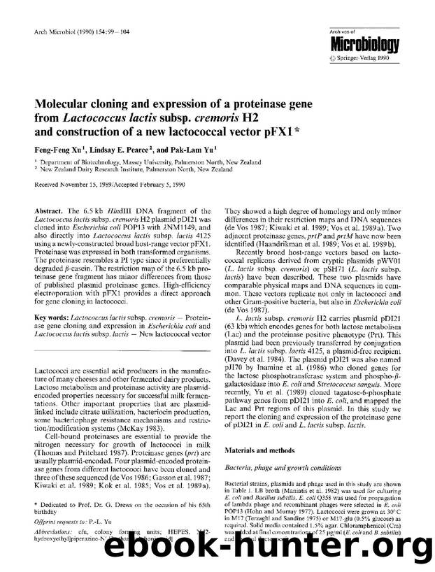 Molecular cloning and expression of a proteinase gene from <Emphasis Type="Italic">Lactococcus lactis<Emphasis> subsp. <Emphasis Type="Italic">cremoris<Emphasis> H2 and constructio by Unknown