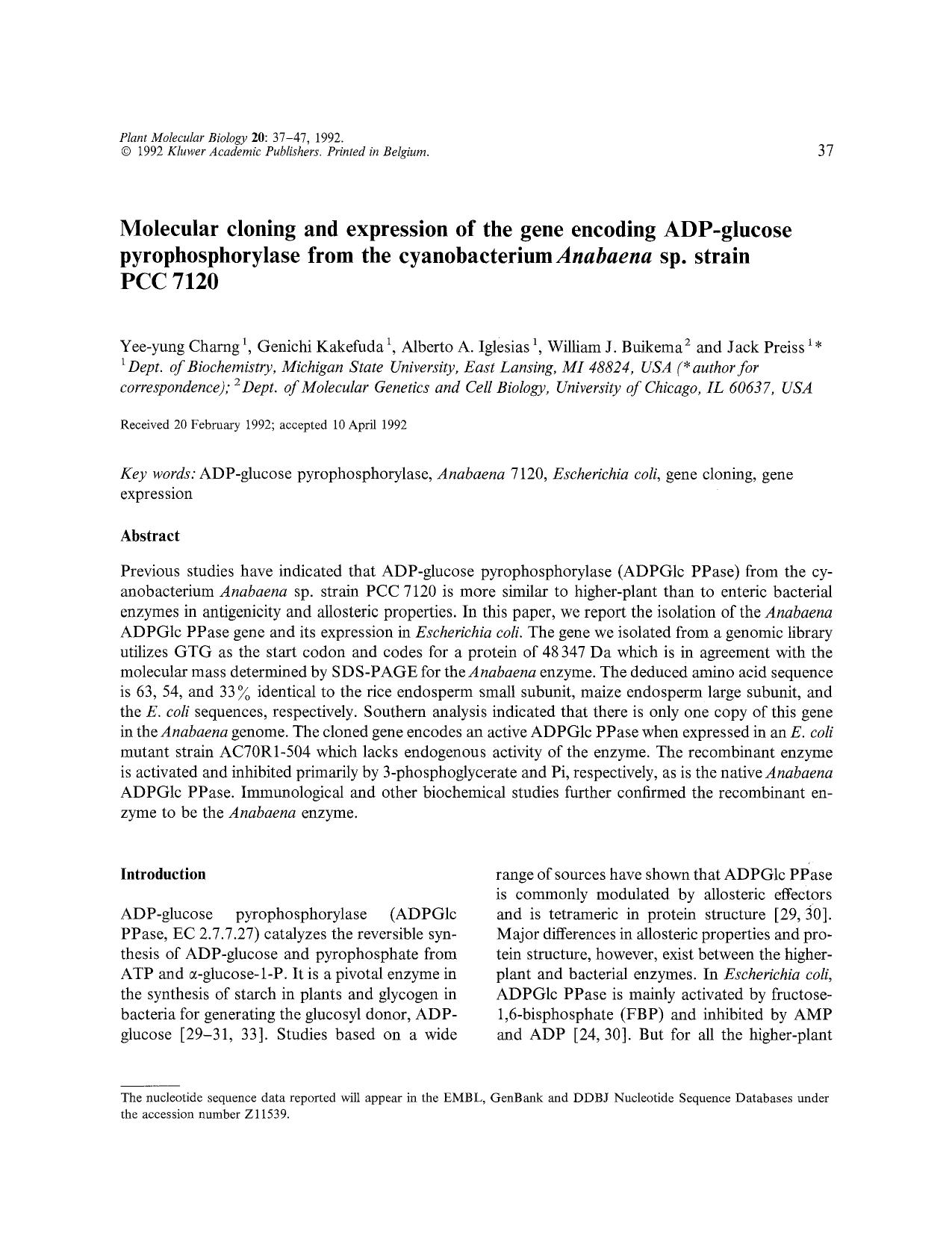Molecular cloning and expression of the gene encoding ADP-glucose pyrophosphorylase from the cyanobacterium <Emphasis Type="Italic">Anabaena <Emphasis> sp. strain PCC 7120 by Unknown