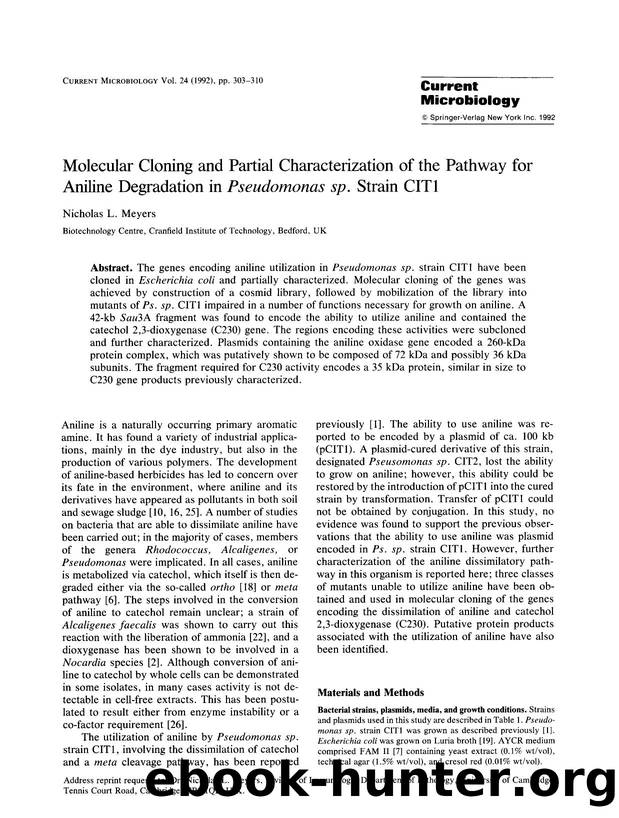 Molecular cloning and partial characterization of the pathway for aniline degradation in <Emphasis Type="Italic">Pseudomonas sp. <Emphasis> strain CIT1 by Unknown