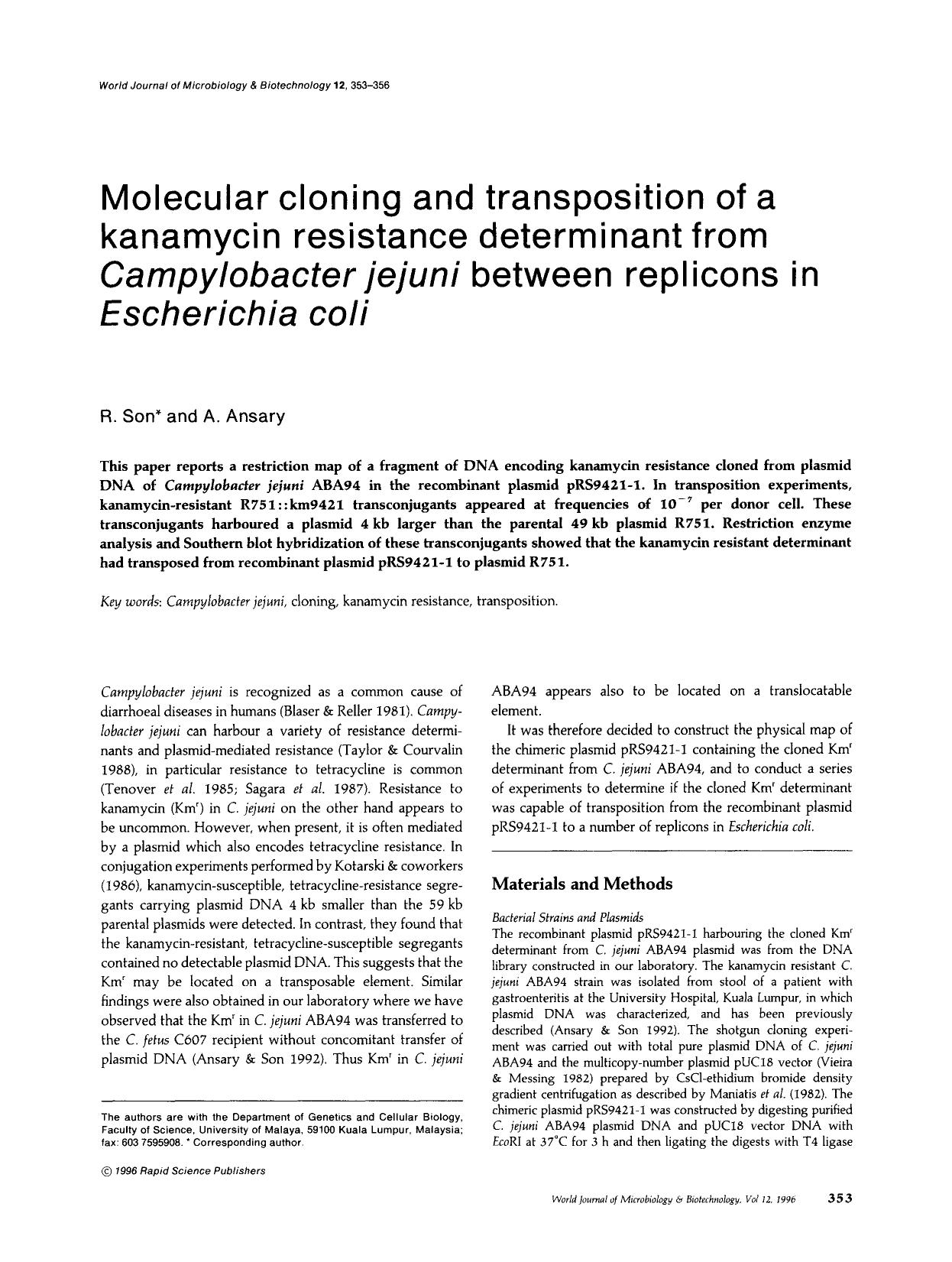 Molecular cloning and transposition of a kanamycin resistance determinant from <Emphasis Type="Italic">Campylobacter jejuni<Emphasis> between replicons in <Emphasis Type="Italic">E by Unknown