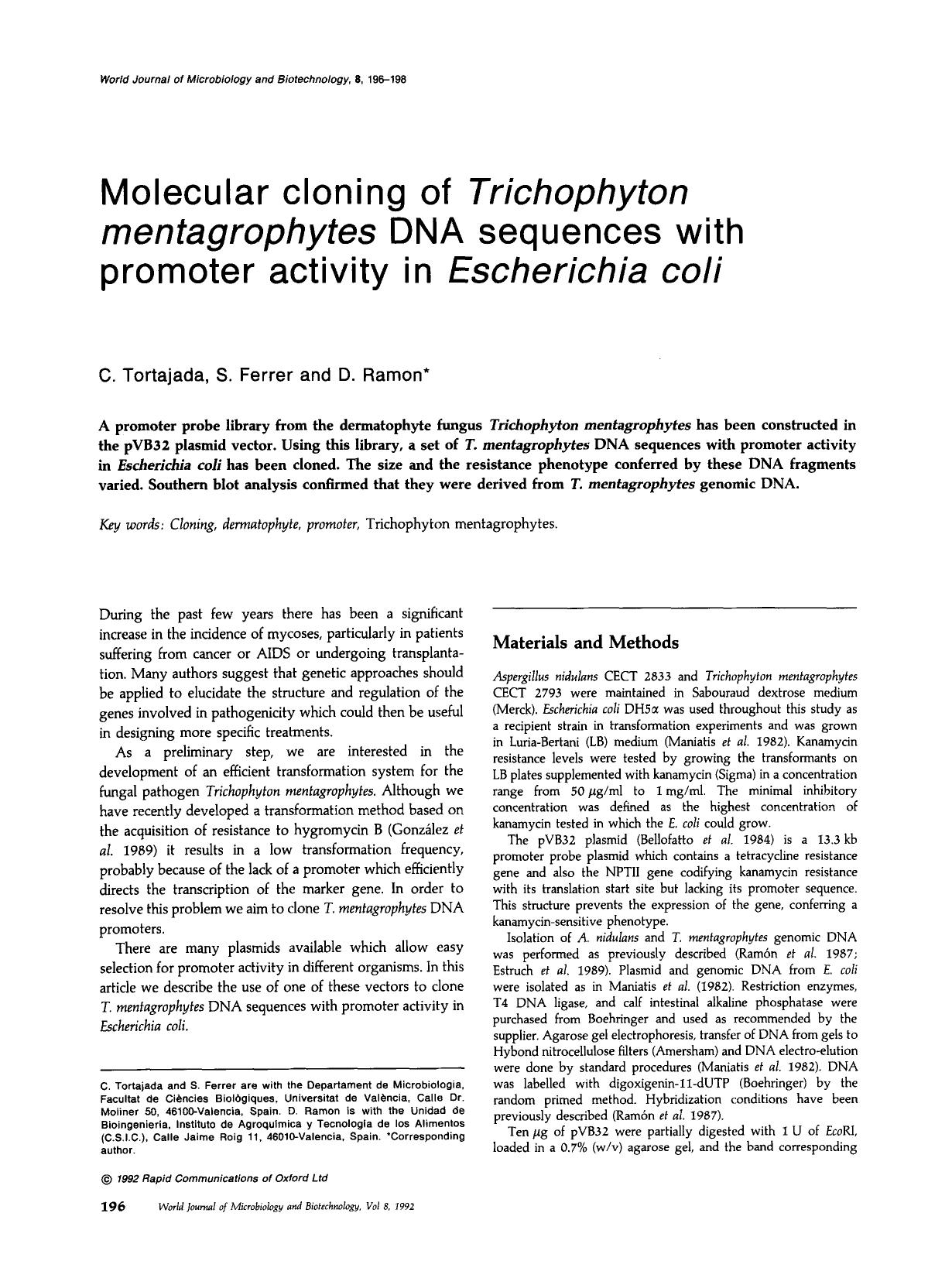 Molecular cloning of <Emphasis Type="Italic">Trichophyton mentagrophytes <Emphasis> DNA sequences with promoter activity in <Emphasis Type="Italic">Escherichia coli <Emphasis> by Unknown