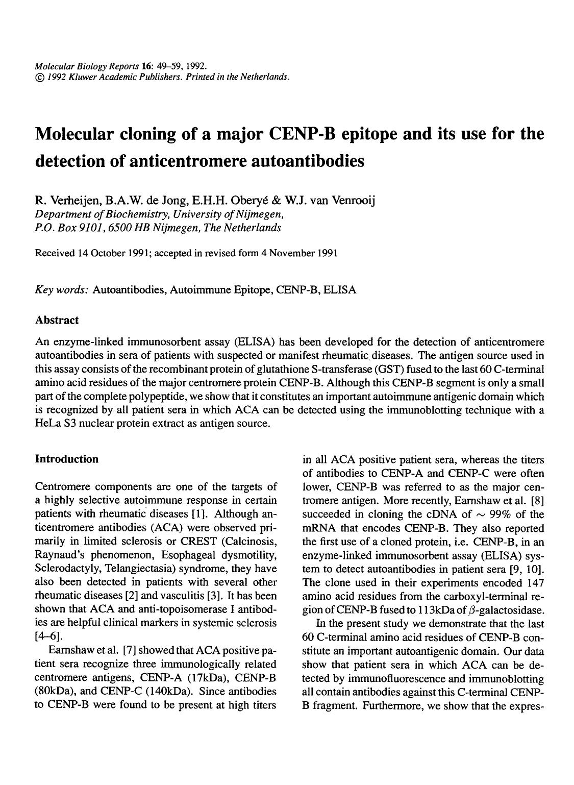Molecular cloning of a major CENP-B epitope and its use for the detection of anticentromere autoantibodies by Unknown