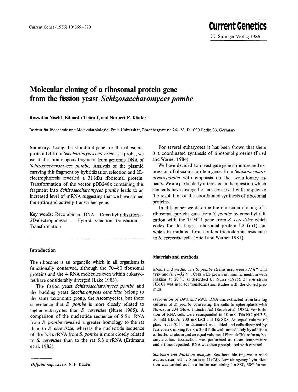Molecular cloning of a ribosomal protein gene from the fission yeast <Emphasis Type="Italic">Schizosaccharomyces pombe<Emphasis> by Unknown