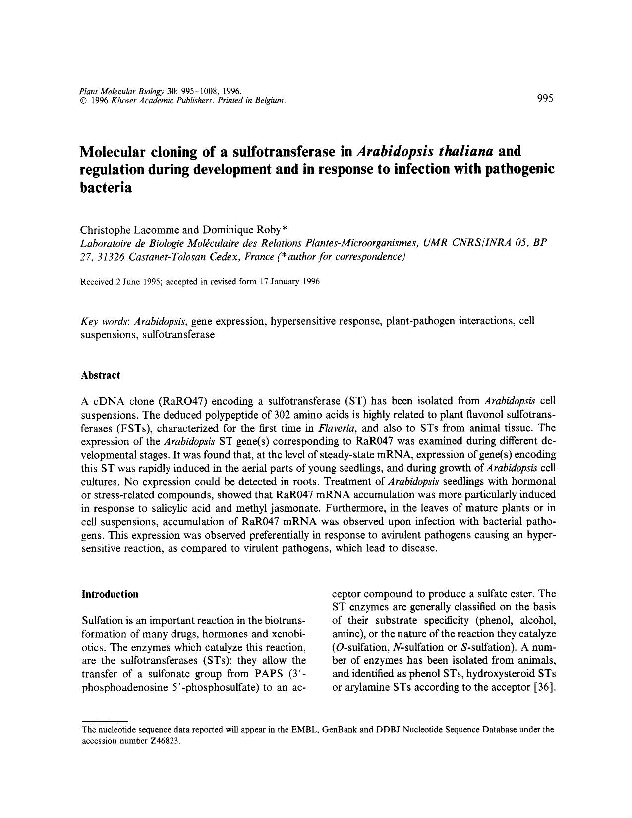 Molecular cloning of a sulfotransferase in <Emphasis Type="Italic">Arabidopsis thaliana <Emphasis> and regulation during development and in response to infection with pathogenic bacteria by Unknown