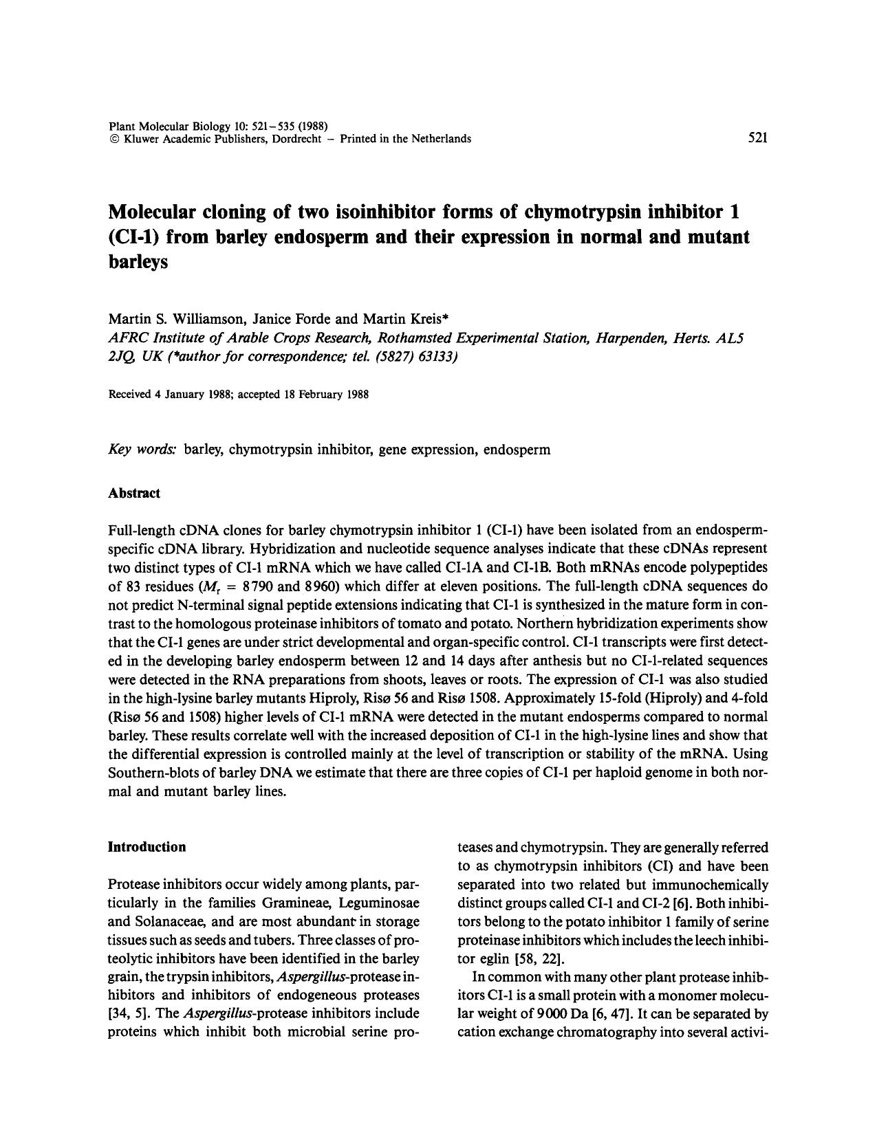 Molecular cloning of two isoinhibitor forms of chymotrypsin inhibitor 1 (CI-1) from barley endosperm and their expression in normal and mutant barleys by Unknown
