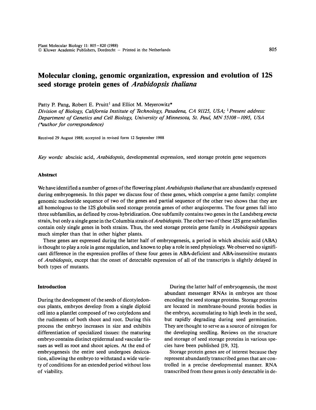 Molecular cloning, genomic organization, expression and evolution of 12S seed storage protein genes of <Emphasis Type="Italic">Arabidopsis thaliana <Emphasis> by Unknown