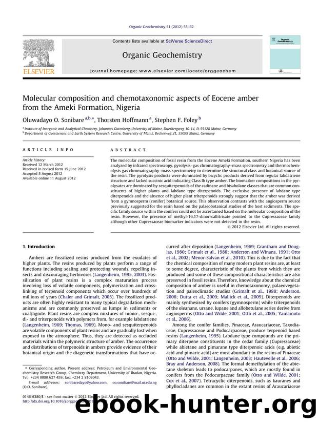 Molecular composition and chemotaxonomic aspects of Eocene amber from the Ameki Formation, Nigeria by Oluwadayo O. Sonibare & Thorsten Hoffmann & Stephen F. Foley