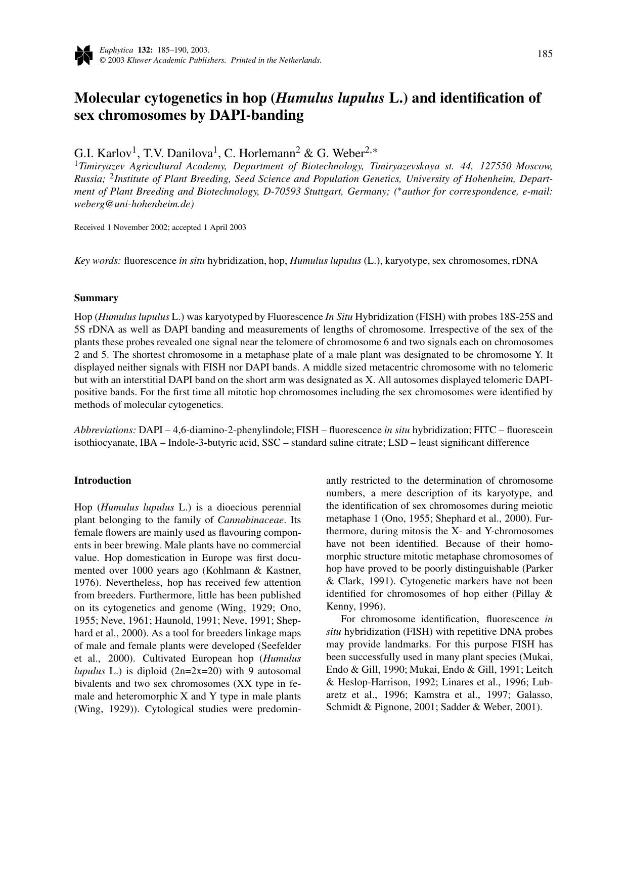 Molecular cytogenetics in hop (<Emphasis Type="Italic">Humulus lupulus<Emphasis> L.) and identification of sex chromosomes by DAPI-banding by Unknown