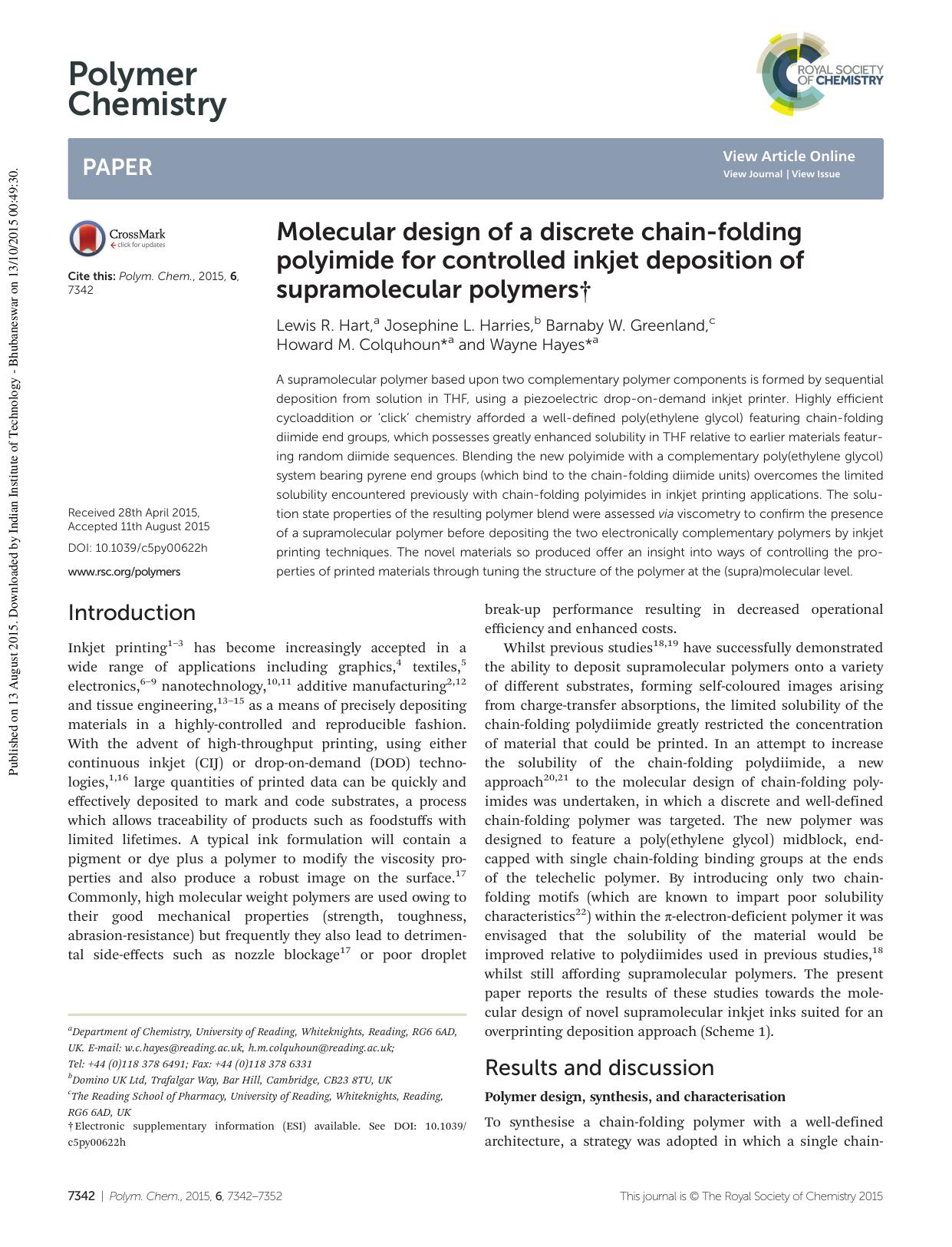 Molecular design of a discrete chain-folding polyimide for controlled inkjet deposition of supramolecular polymers by Lewis R. Hart Josephine L. Harries Barnaby W. Greenland Howard M. Colquhoun Wayne Hayes