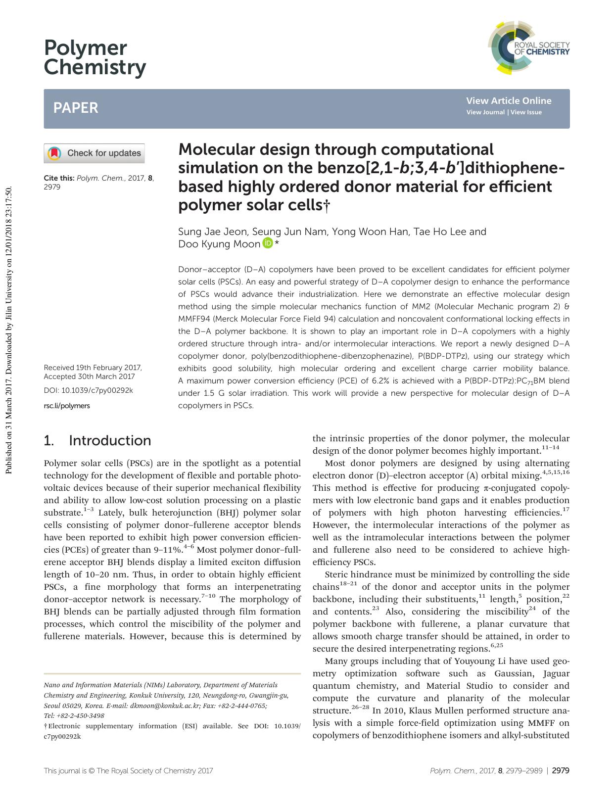 Molecular design through computational simulation on the benzo[2,1-b;3,4-bâ²]dithiophene-based highly ordered donor material for efficient polymer solar cells by Sung Jae Jeon Seung Jun Nam Yong Woon Han Tae Ho Lee Doo Kyung Moon