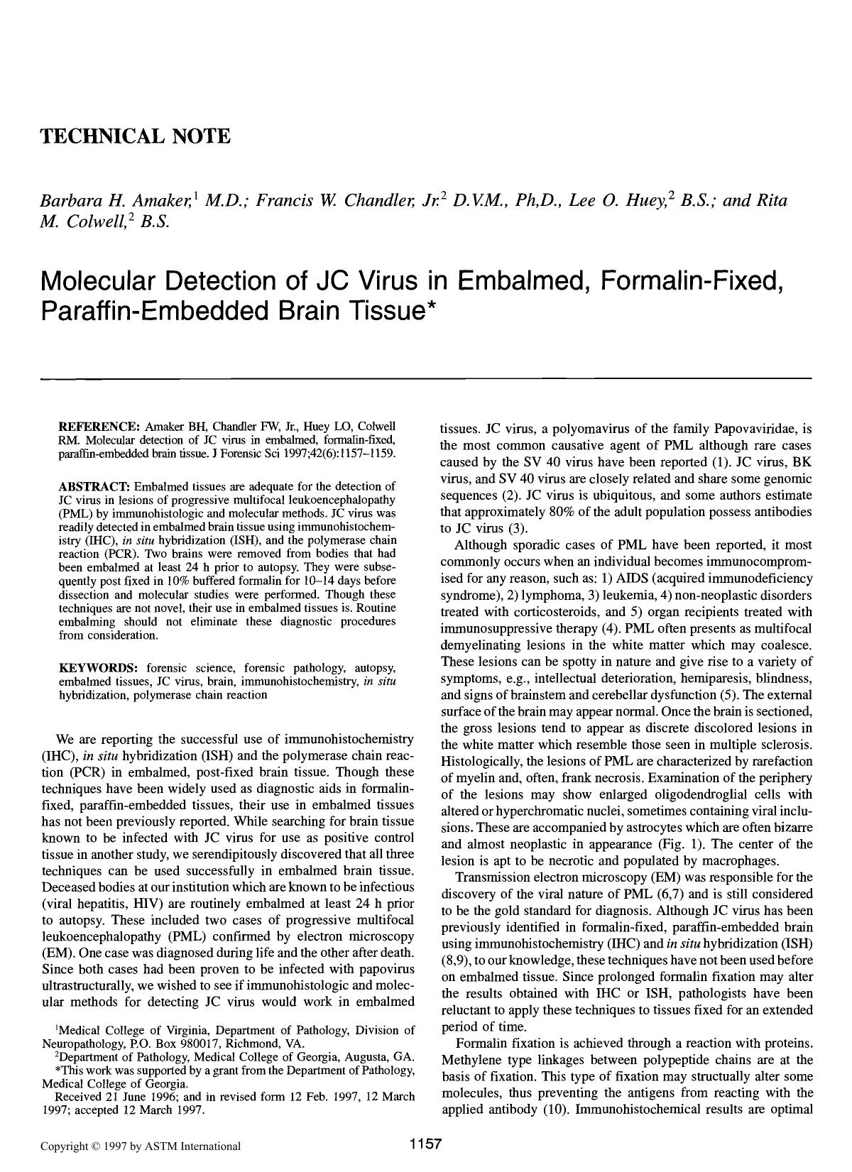Molecular detection of JC virus in embalmed, formalin-fixed, paraffin-embedded brain tissue by Amaker BH Chandler FW Jr Huey LO CoIwell RM