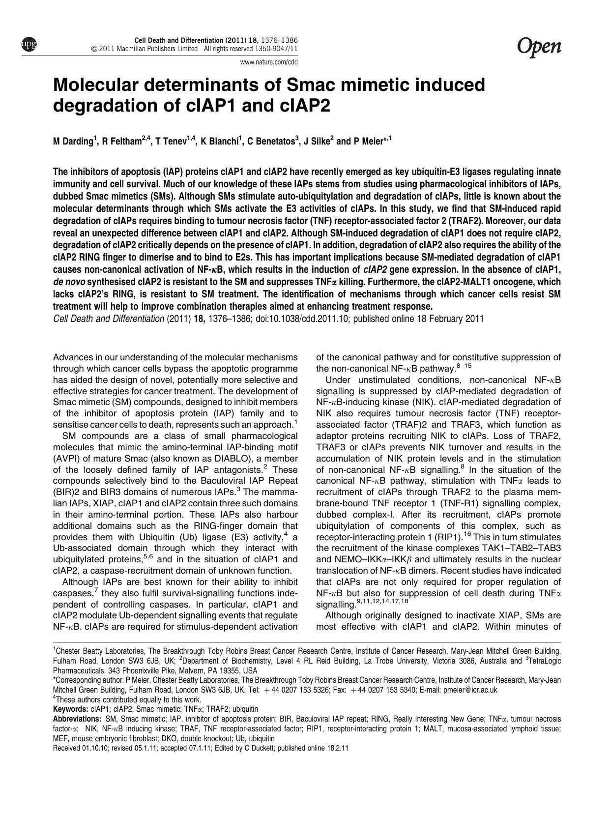Molecular determinants of Smac mimetic induced degradation of cIAP1 and cIAP2 by M Darding & R Feltham & T Tenev & K Bianchi & C Benetatos & J Silke & P Meier