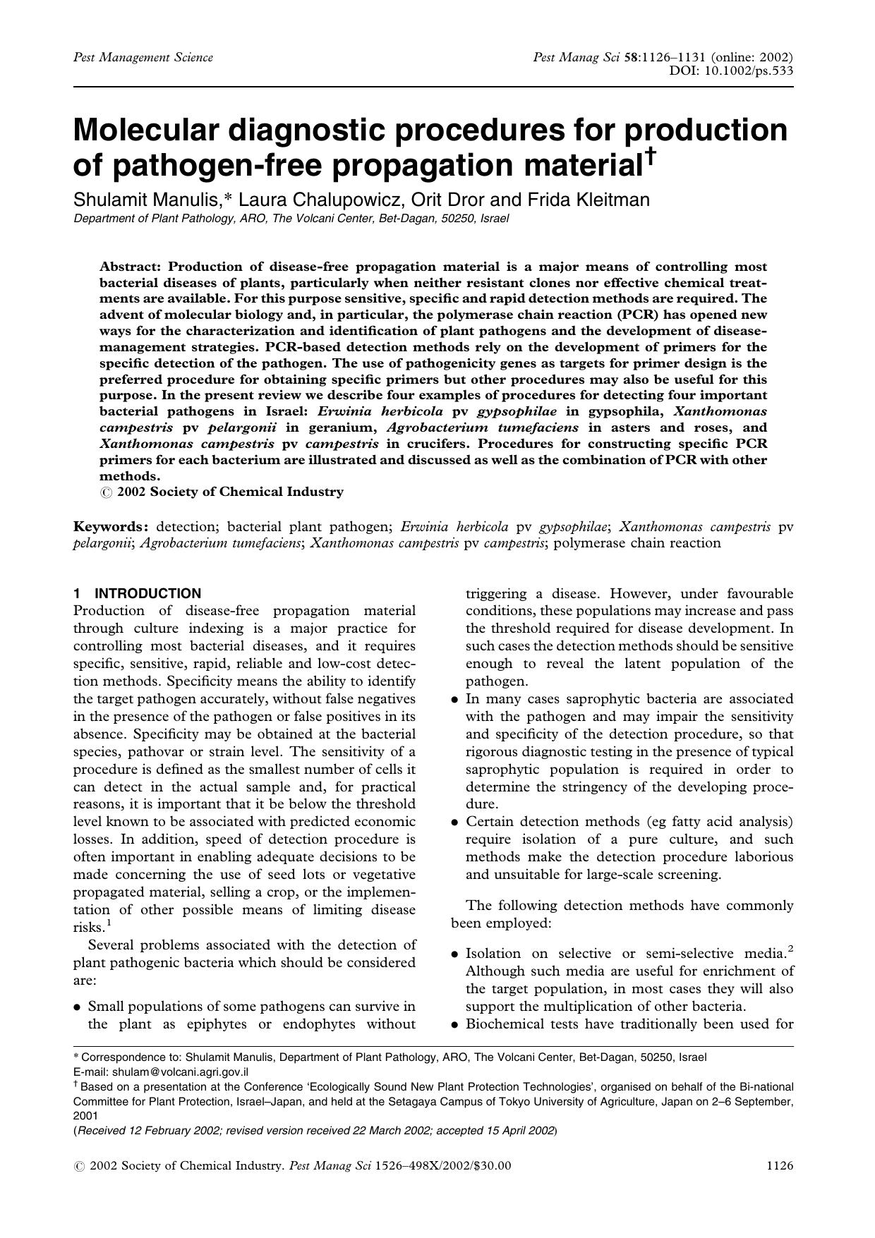 Molecular diagnostic procedures for production of pathogen-free propagation material by Unknown