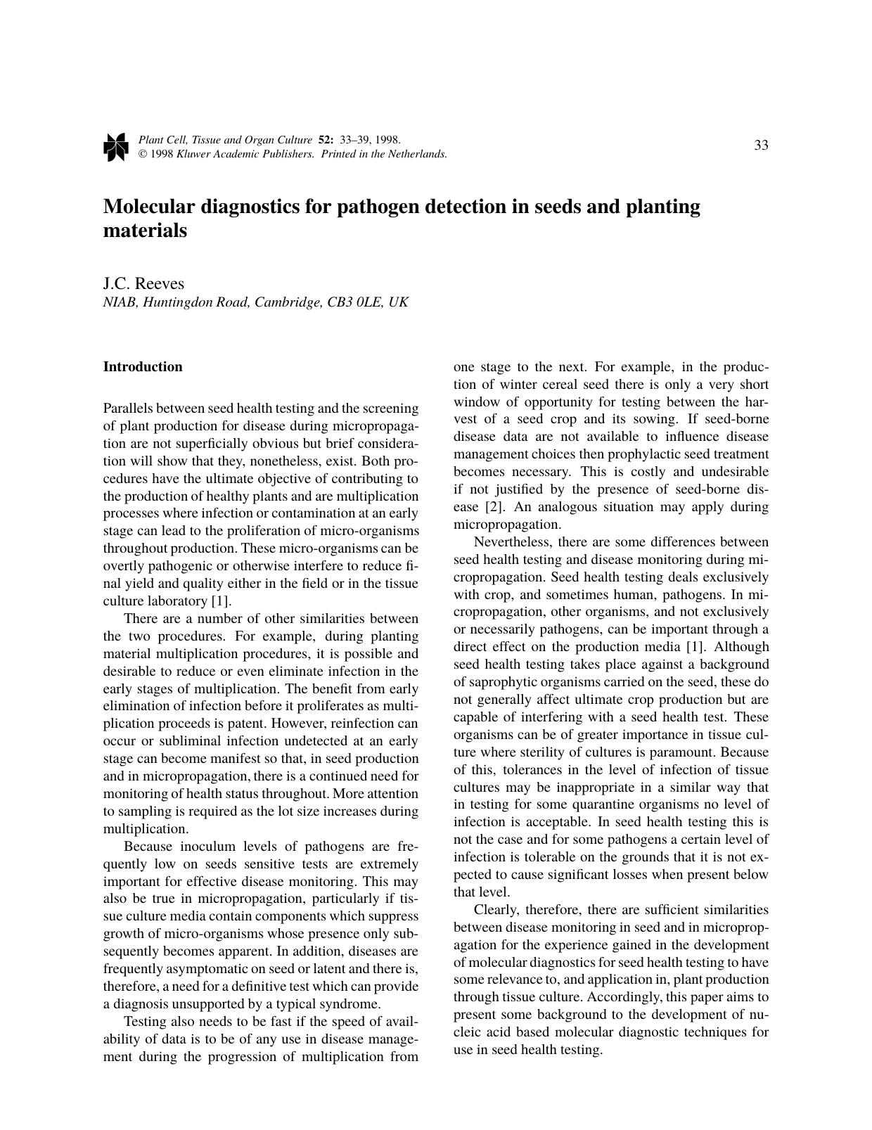 Molecular diagnostics for pathogen detection in seeds and planting materials by Unknown