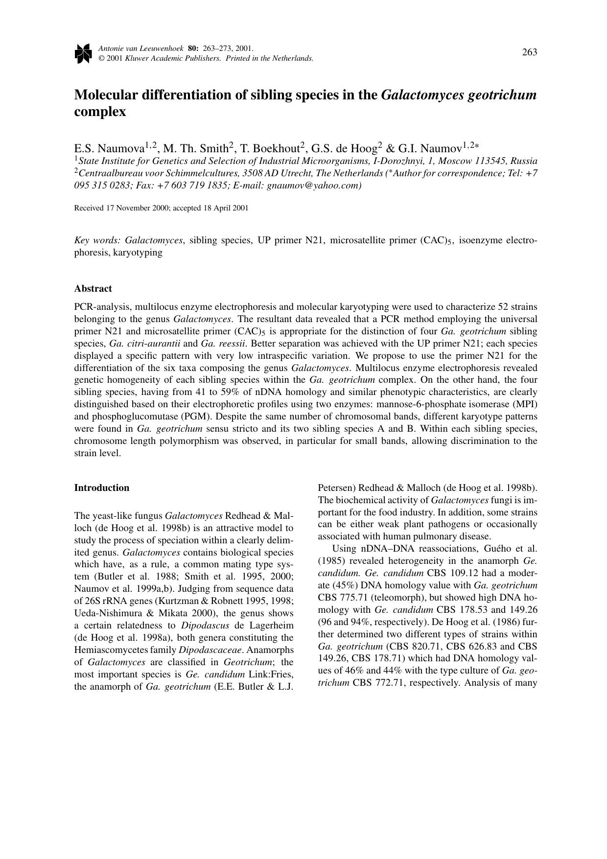 Molecular differentiation of sibling species in the Galactomyces geotrichum complex by Unknown