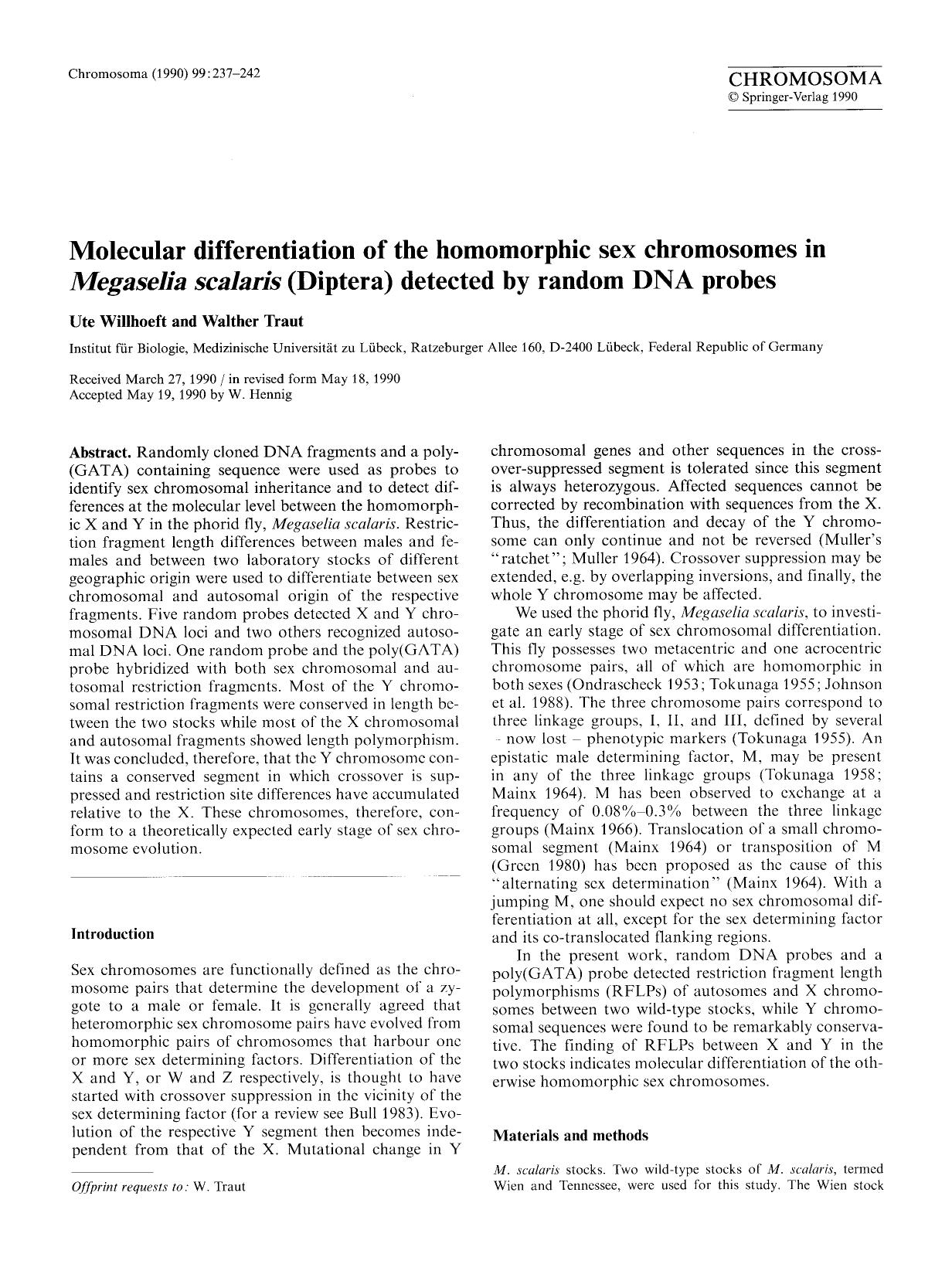 Molecular differentiation of the homomorphic sex chromosomes in <Emphasis Type="Italic">Megaselia scalaris <Emphasis> (Diptera) detected by random DNA probes by Unknown