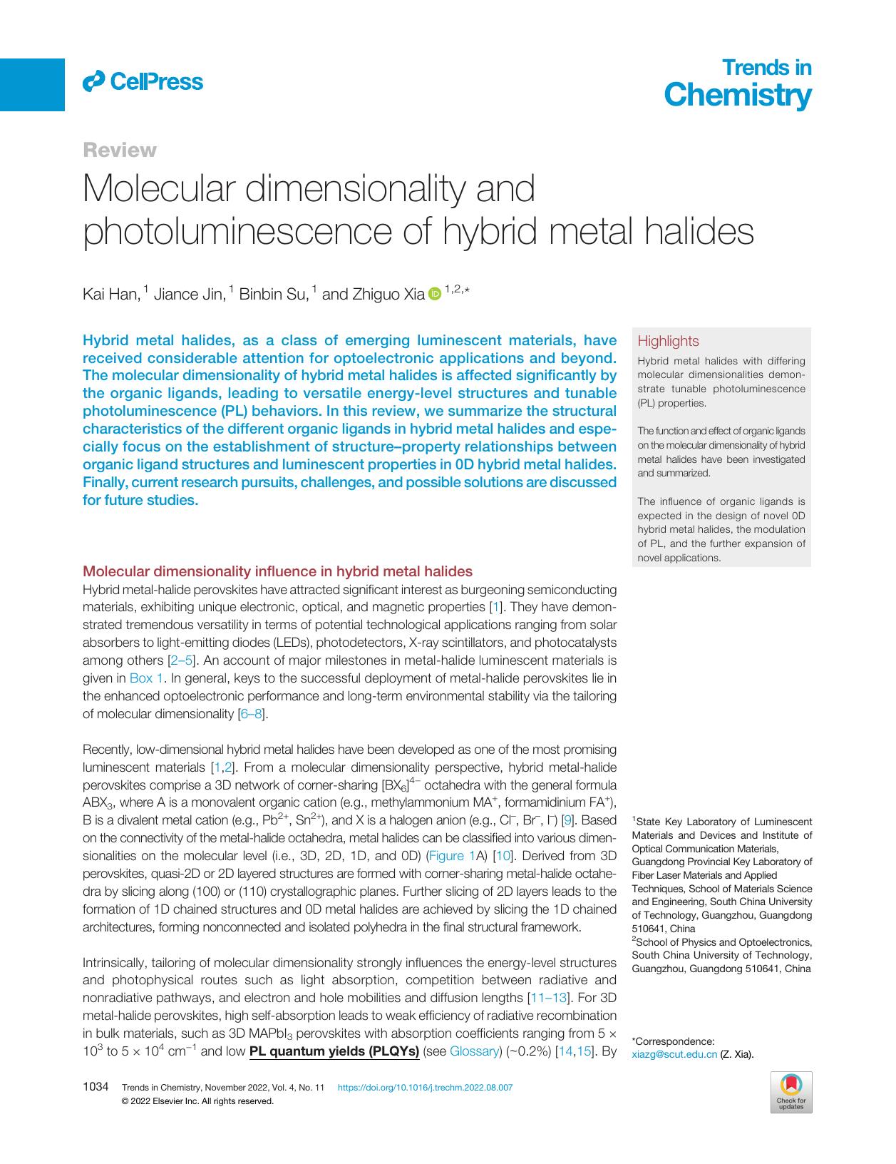Molecular dimensionality and photoluminescence of hybrid metal halides by Kai Han & Jiance Jin & Binbin Su & Zhiguo Xia