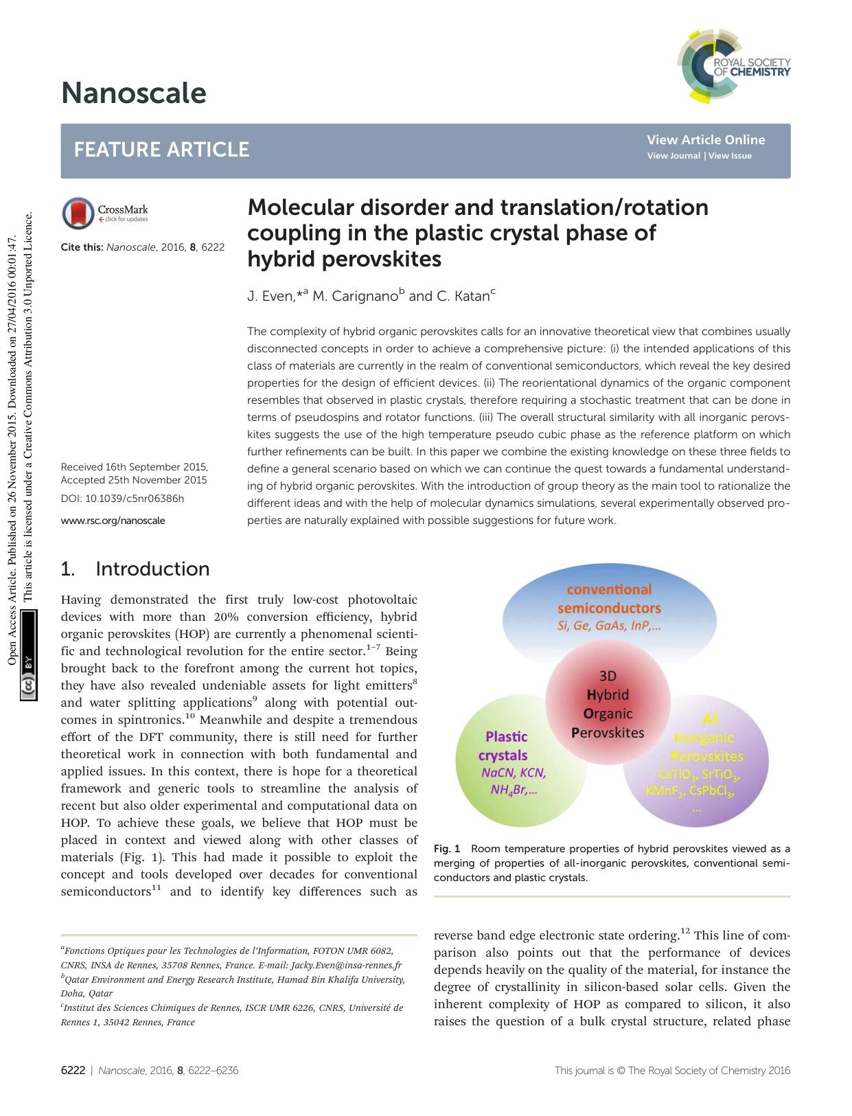Molecular disorder and translationrotation coupling in the plastic crystal phase of hybrid perovskites by J. Even M. Carignano C. Katan