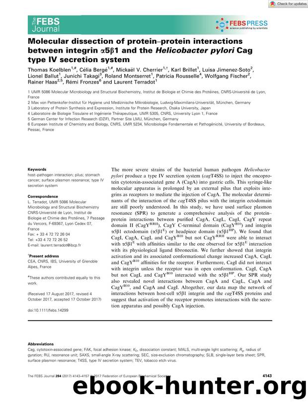 Molecular dissection of proteinâprotein interactions between integrin Î±5Î²1 and the Helicobacter pylori Cag type IV secretion system by Unknown