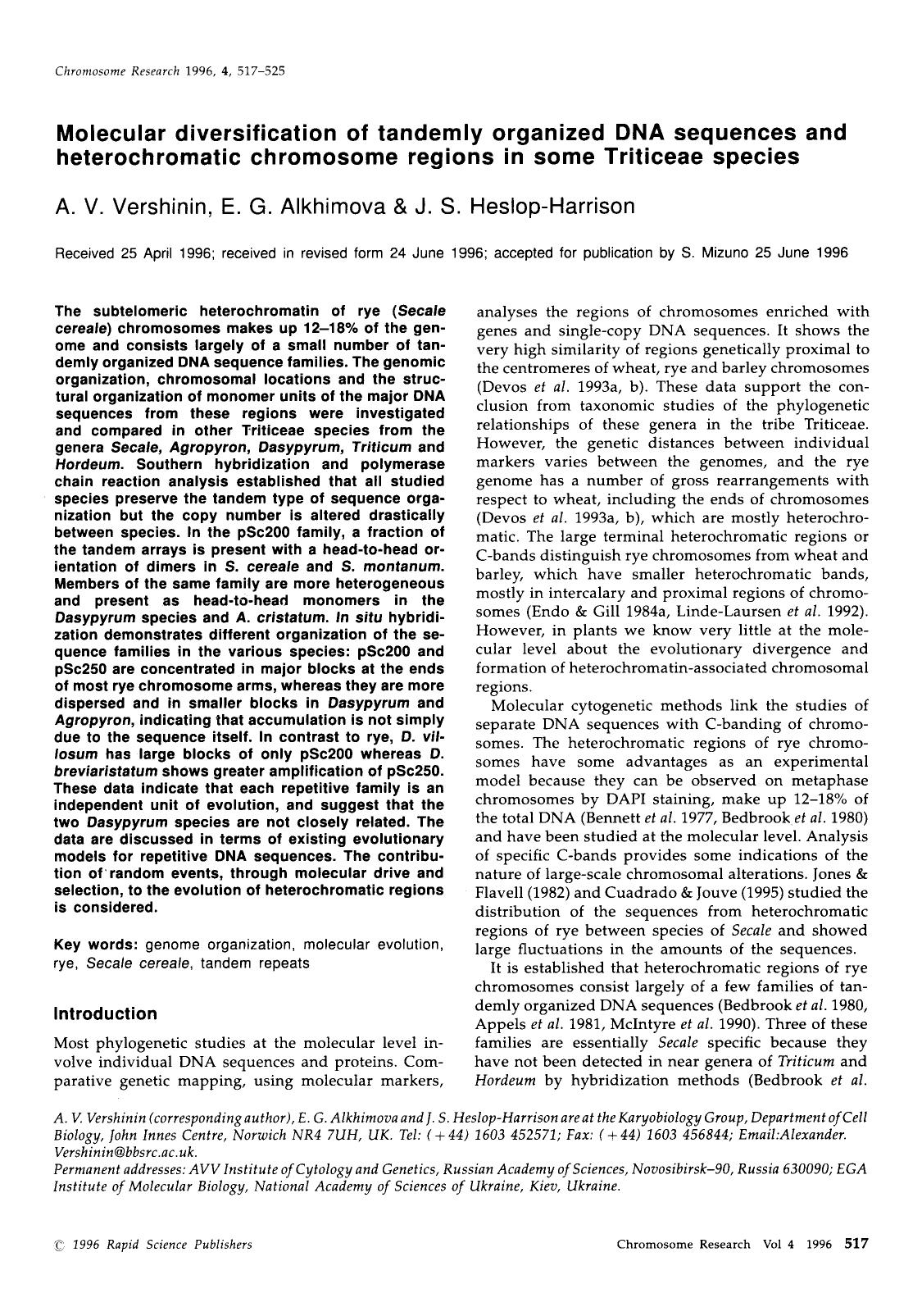 Molecular diversification of tandemly organized DNA sequences and heterochromatic chromosome regions in some triticeae species by Unknown