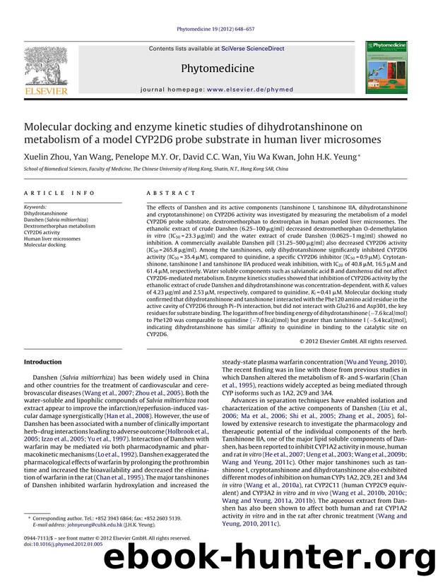 Molecular docking and enzyme kinetic studies of dihydrotanshinone on metabolism of a model CYP2D6 probe substrate in human liver microsomes by Xuelin Zhou