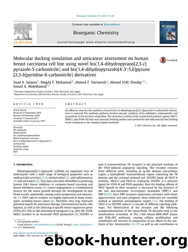 Molecular docking simulation and anticancer assessment on human breast carcinoma cell line using novel bis(1,4-dihydropyrano[2,3-c]pyrazole-5-carbonitrile) and bis(1,4-dihydropyraz by Soad K. Salama & Magda F. Mohamed & Ahmed F. Darweesh & Ahmed H.M. Elwahy & Ismail A. Abdelhamid