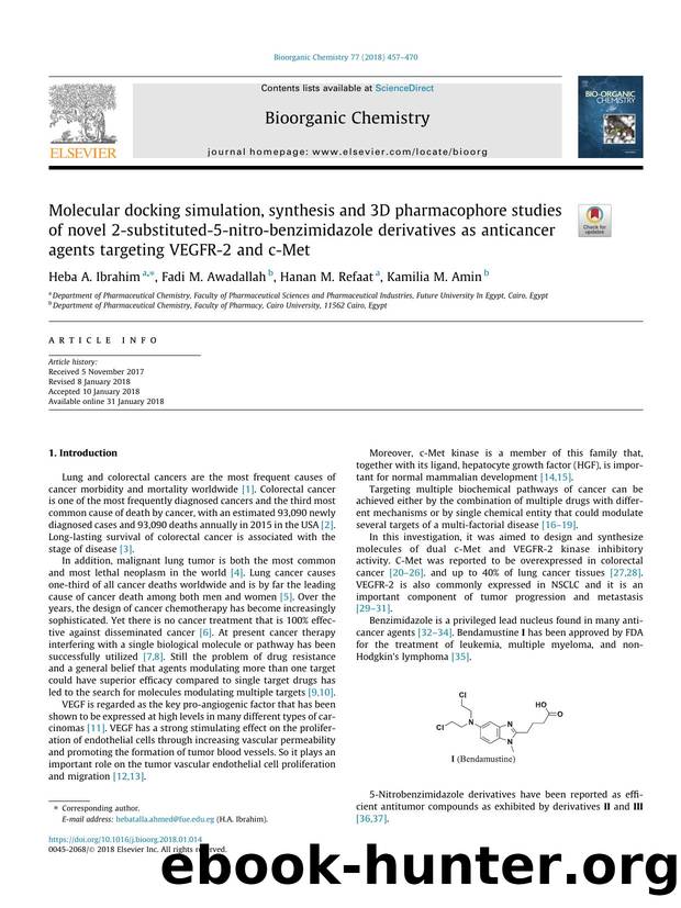 Molecular docking simulation, synthesis and 3D pharmacophore studies of novel 2-substituted-5-nitro-benzimidazole derivatives as anticancer agents targeting VEGFR-2 and c-Met by Heba A. Ibrahim & Fadi M. Awadallah & Hanan M. Refaat & Kamilia M. Amin