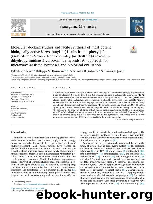 Molecular docking studies and facile synthesis of most potent biologically active N-tert-butyl-4-(4-substituted phenyl)-2-((substituted-2-oxo-2H-chromen-4-yl)methylthio)-6-oxo-1,6- by Rakesh R. Chavan & Kallappa M. Hosamani & Badarinath D. Kulkarni & Shrinivas D. Joshi