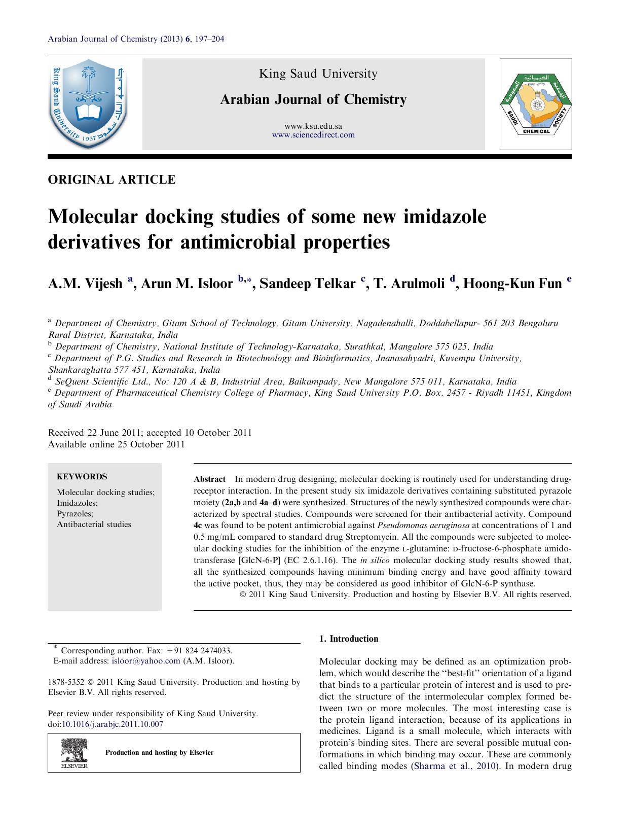 Molecular docking studies of some new imidazole derivatives for antimicrobial properties by A.M. Vijesh & Arun M. Isloor & Sandeep Telkar & T. Arulmoli & Hoong-Kun Fun