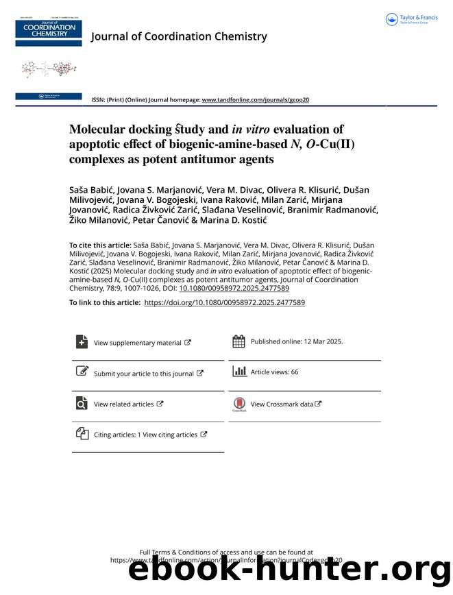Molecular docking study and inÂ vitro evaluation of apoptotic effect of biogenic-amine-based N, O-Cu(II) complexes as potent antitumor agents by unknow