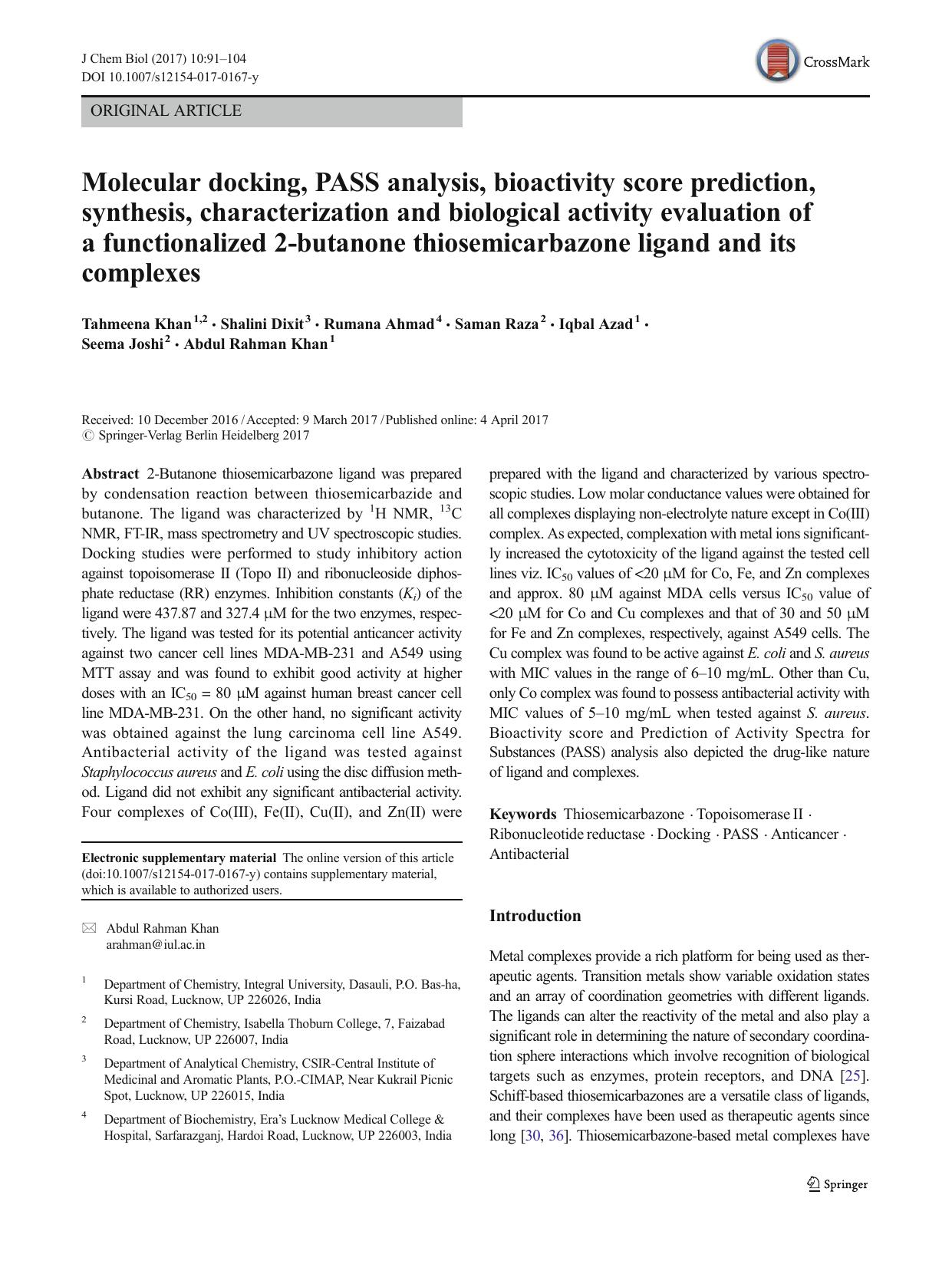 Molecular docking, PASS analysis, bioactivity score prediction, synthesis, characterization and biological activity evaluation of a functionalized 2-butanone thiosemicarbazone ligand and its complexes by unknow
