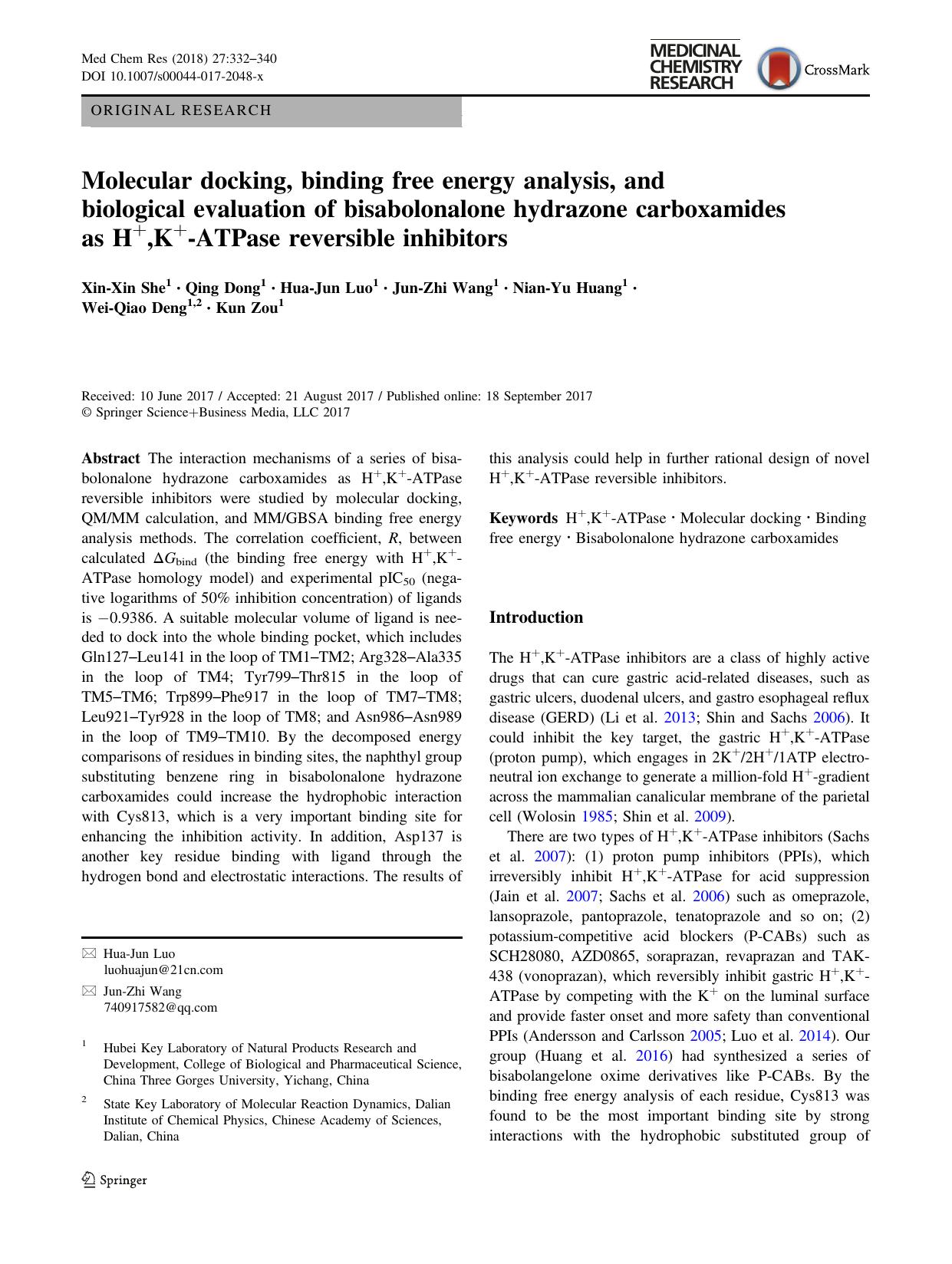 Molecular docking, binding free energy analysis, and biological evaluation of bisabolonalone hydrazone carboxamides as H+,K+-ATPase reversible inhibitors by Xin-Xin She & Qing Dong & Hua-Jun Luo & Jun-Zhi Wang & Nian-Yu Huang & Wei-Qiao Deng & Kun Zou