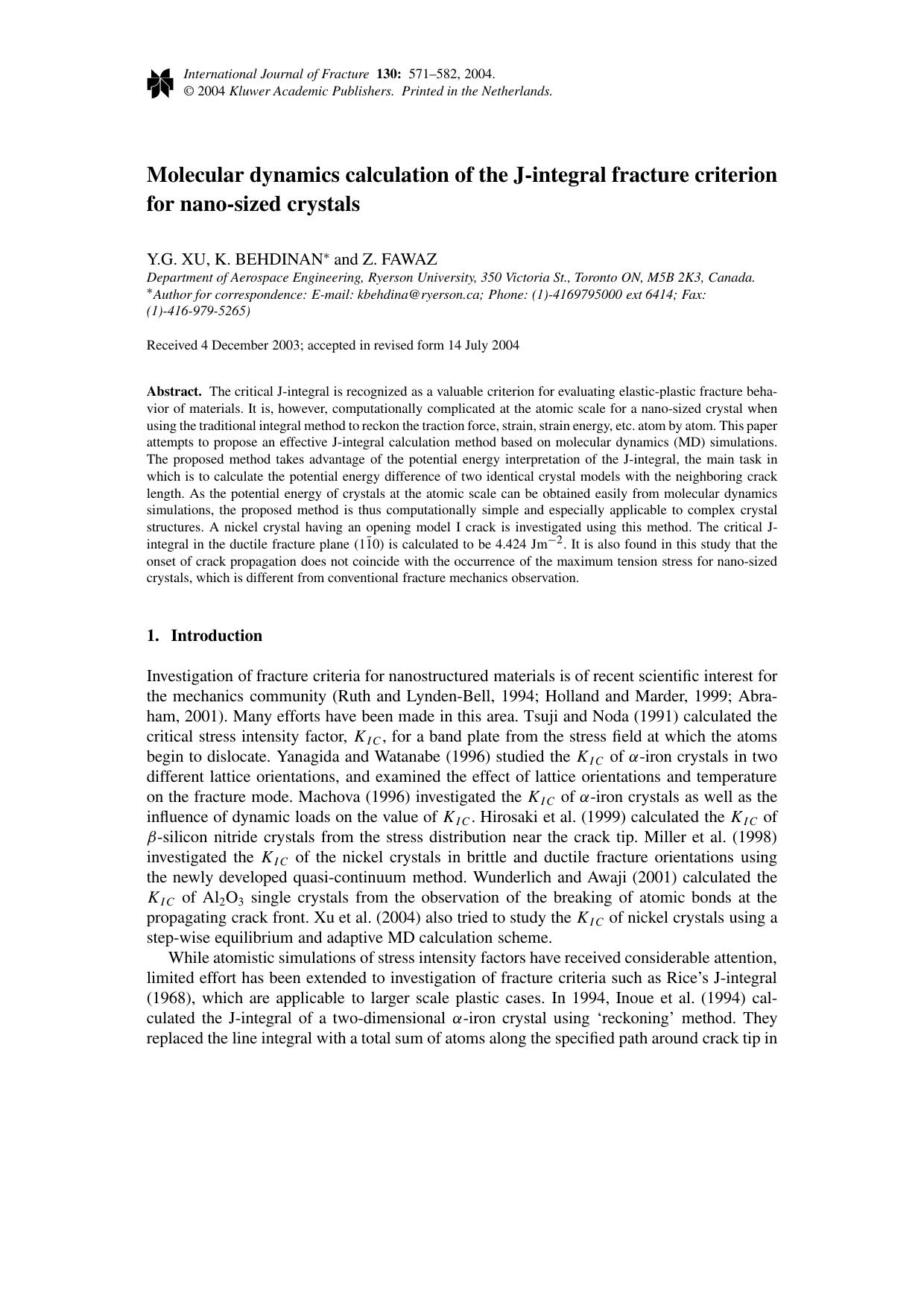 Molecular dynamics calculation of the J-integral fracture criterion for nano-sized crystals by Unknown