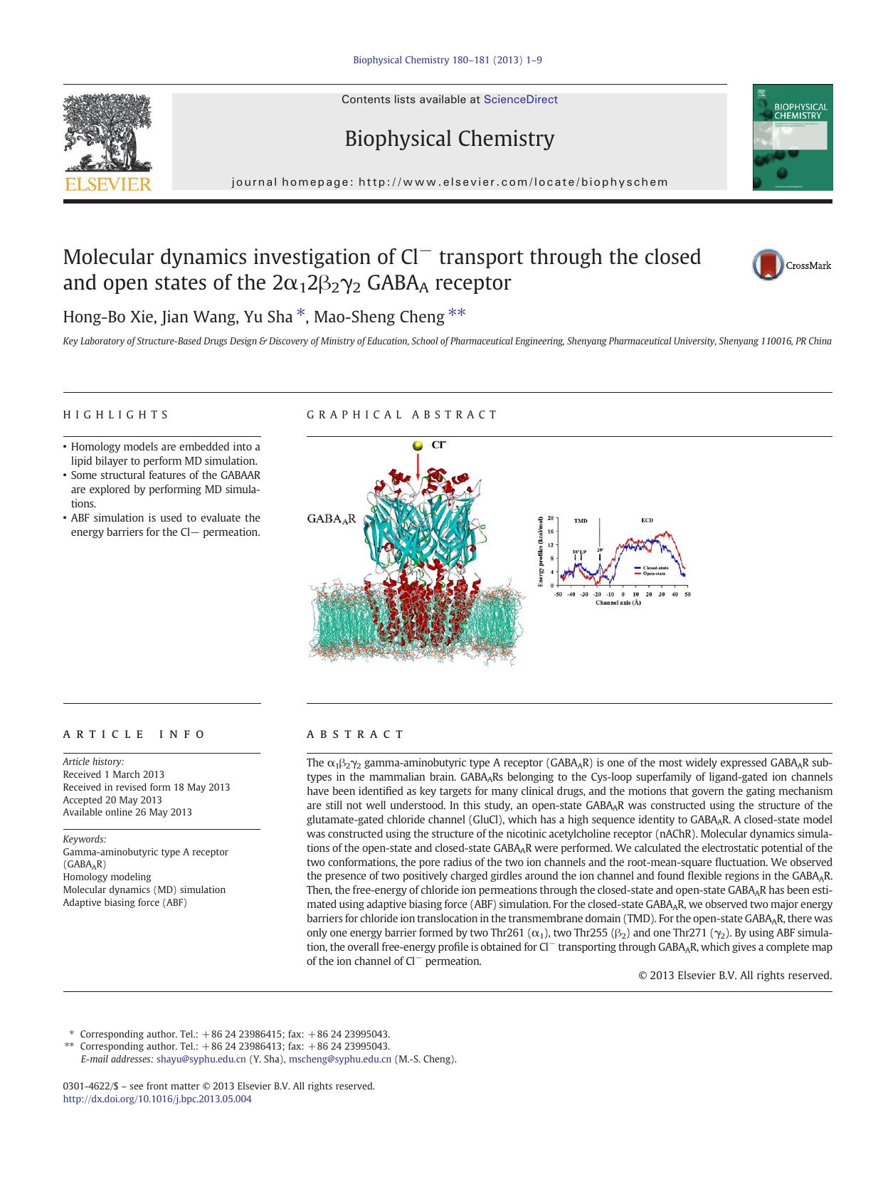 Molecular dynamics investigation of Clâ transport through the closed and open states of the 2Î±12Î²2Î³2 GABAA receptor by Hong-Bo Xie & Jian Wang & Yu Sha & Mao-Sheng Cheng