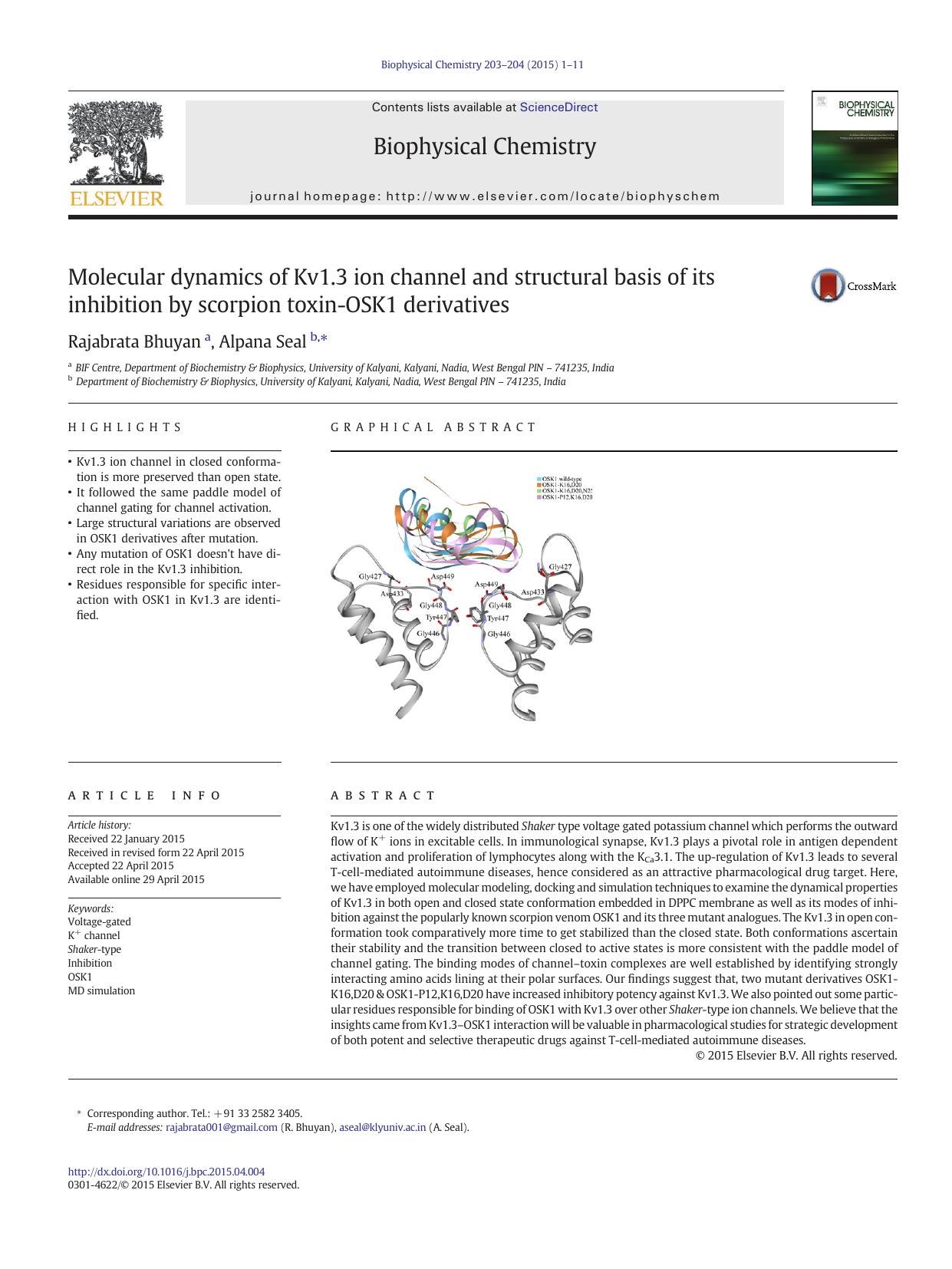Molecular dynamics of Kv1.3 ion channel and structural basis of its inhibition by scorpion toxin-OSK1 derivatives by Rajabrata Bhuyan & Alpana Seal