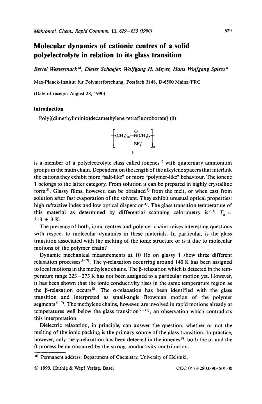 Molecular dynamics of cationic centres of a solid polyelectrolyte in relation to its glass transition by Unknown