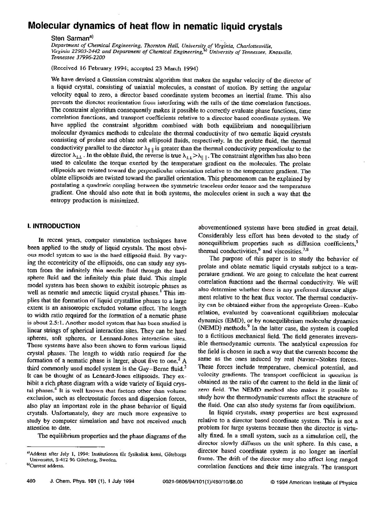 Molecular dynamics of heat flow in nematic liquid crystals by Sten Sarman