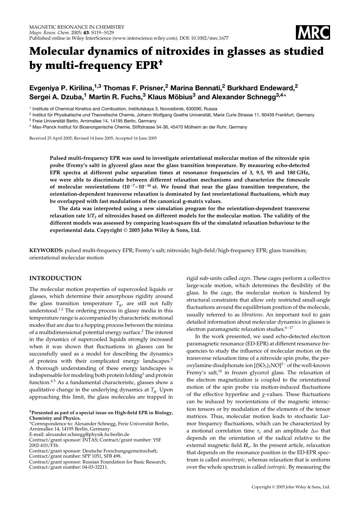Molecular dynamics of nitroxides in glasses as studied by multi-frequency EPR by Unknown