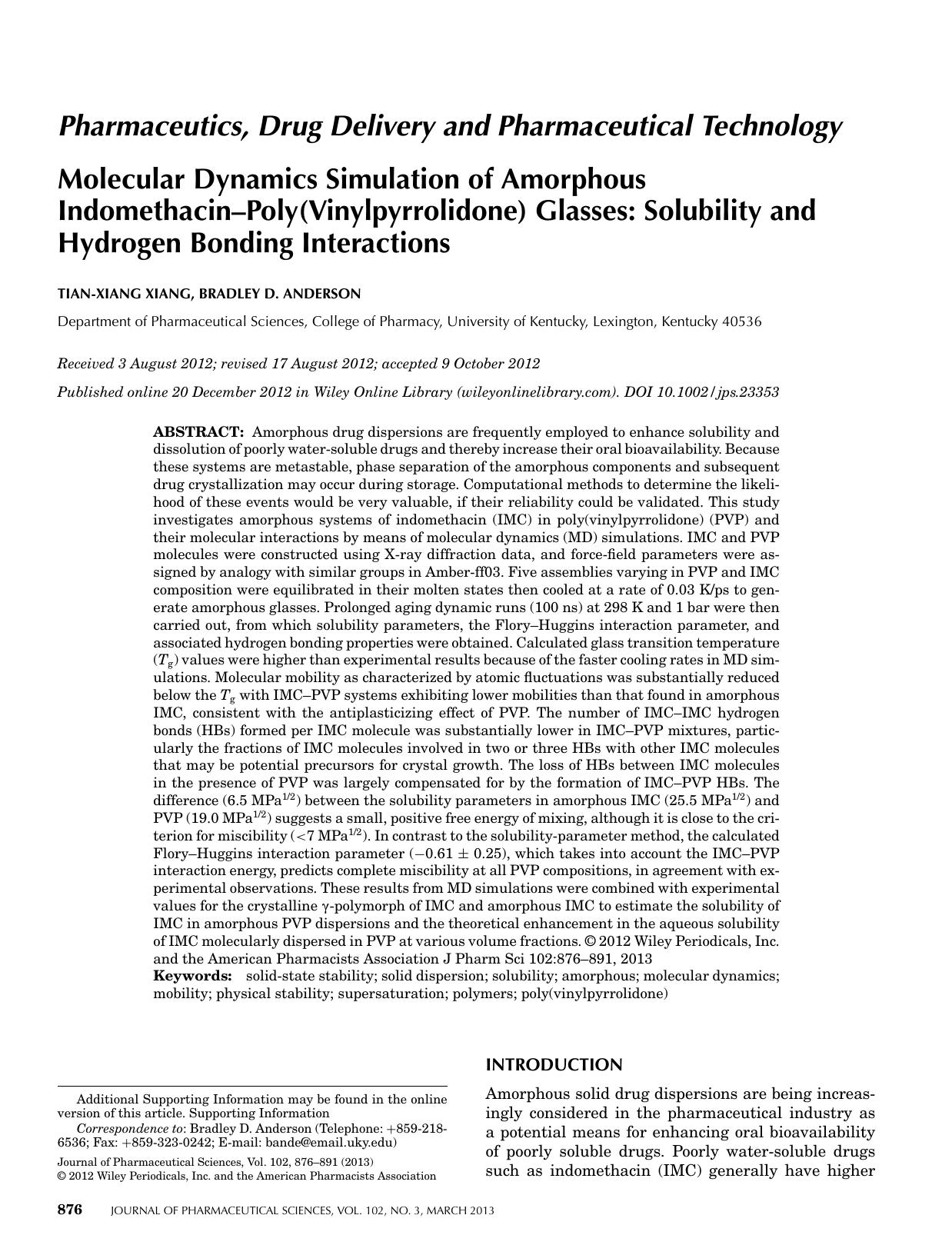 Molecular dynamics simulation of amorphous indomethacinpoly(vinylpyrrolidone) glasses: Solubility and hydrogen bonding interactions by F-285
