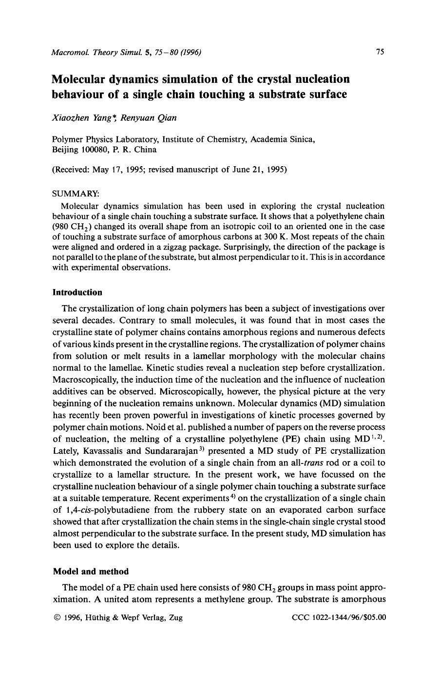 Molecular dynamics simulation of the crystal nucleation behavior of a single chain touching a substrate surface by Unknown