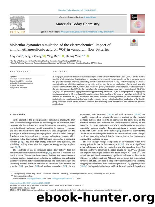 Molecular dynamics simulation of the electrochemical impact of aminomethanesulfonic acid on VO2+ in vanadium flow batteries by Anqi Guo