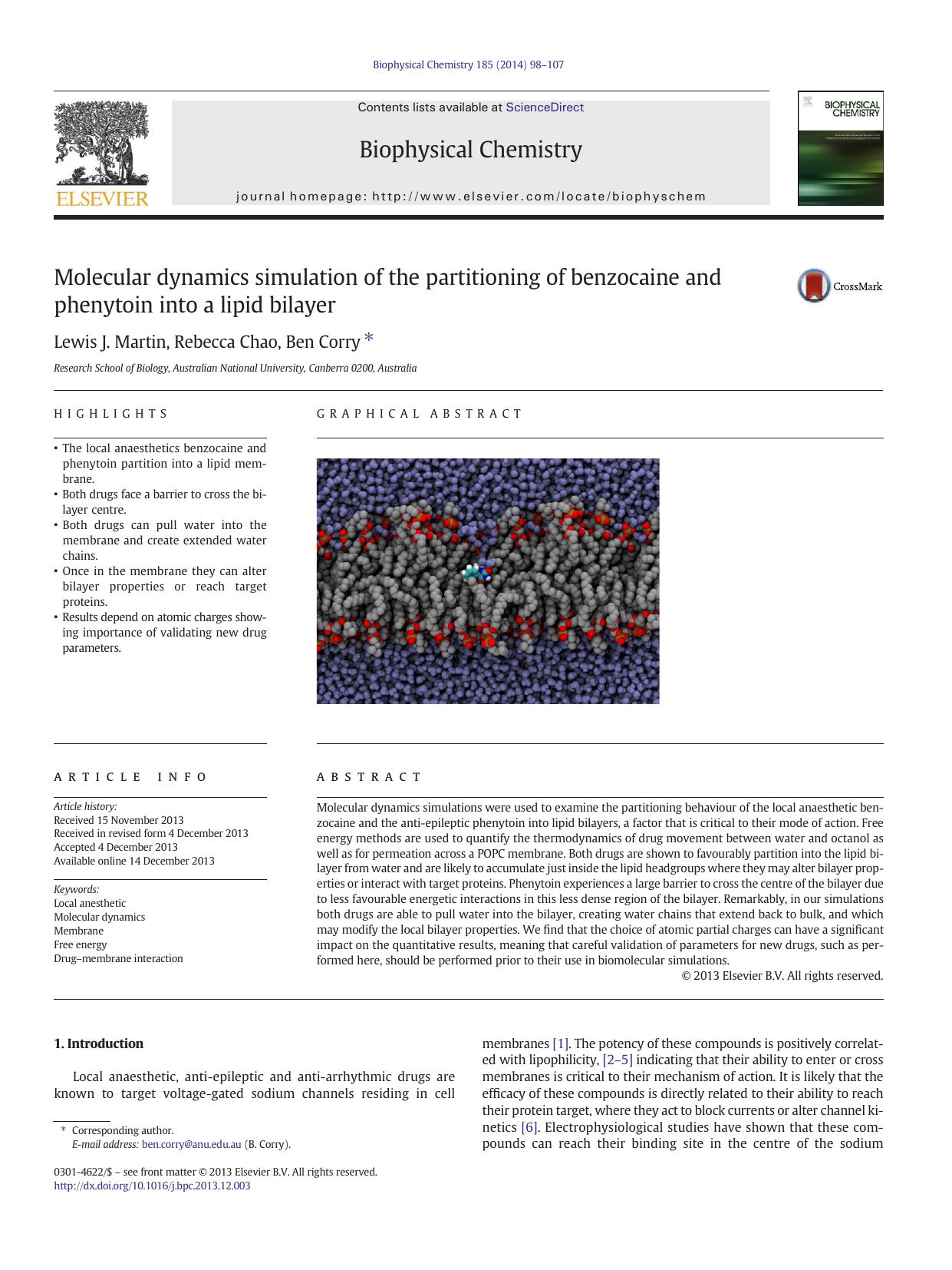 Molecular dynamics simulation of the partitioning of benzocaine and phenytoin into a lipid bilayer by Lewis J. Martin & Rebecca Chao & Ben Corry